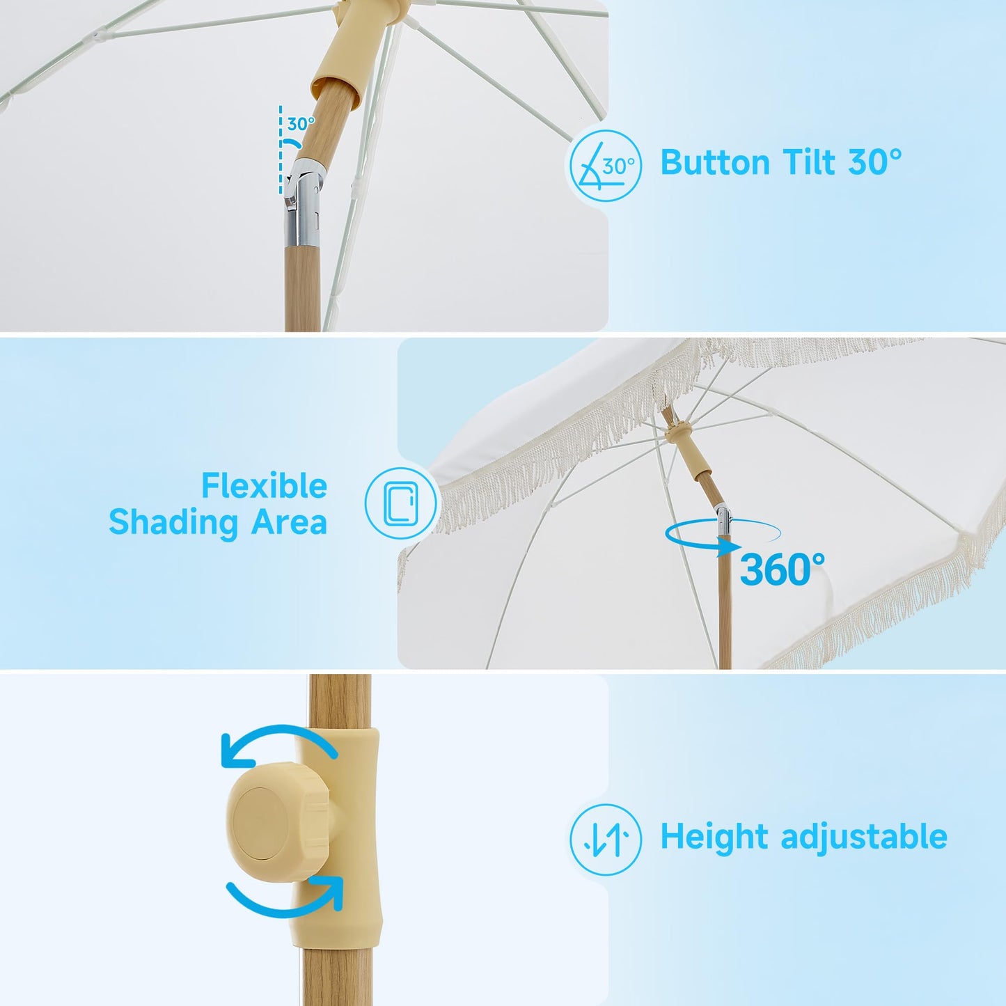 Kbrellaoutlets 7FT Boho Patio Umberlla with Fringe,UPF50+ Outdoor Umbrella with 8 Fiberglass Ribs and Push Button Tilt,Tassels Umbrella for Beach,Terrace,Picnic (Cream)