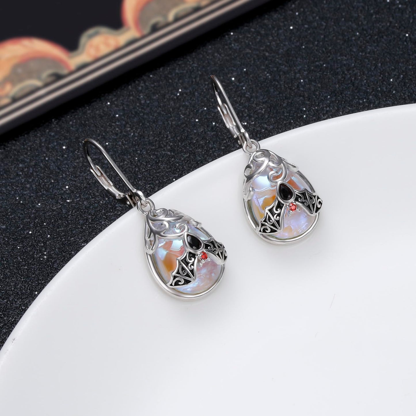 SHAOAN 925 Sterling Silver Bat Moonstone Dangle Drop Earrings for Women Leverback Animal Earrings Jewelry Gift for Halloween Birthday Christmas