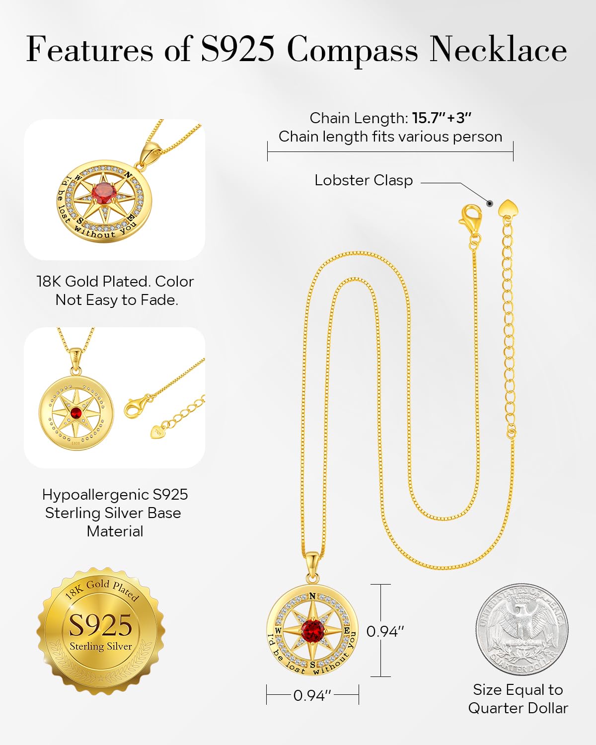 S925 Necklace Gift for Wife |Compass Jewelry |Women Anniversary |Sterling Silver |Girlfriend Birthday Gifts for Her Valentines |I'd be Lost without You |18K Gold Jan 01