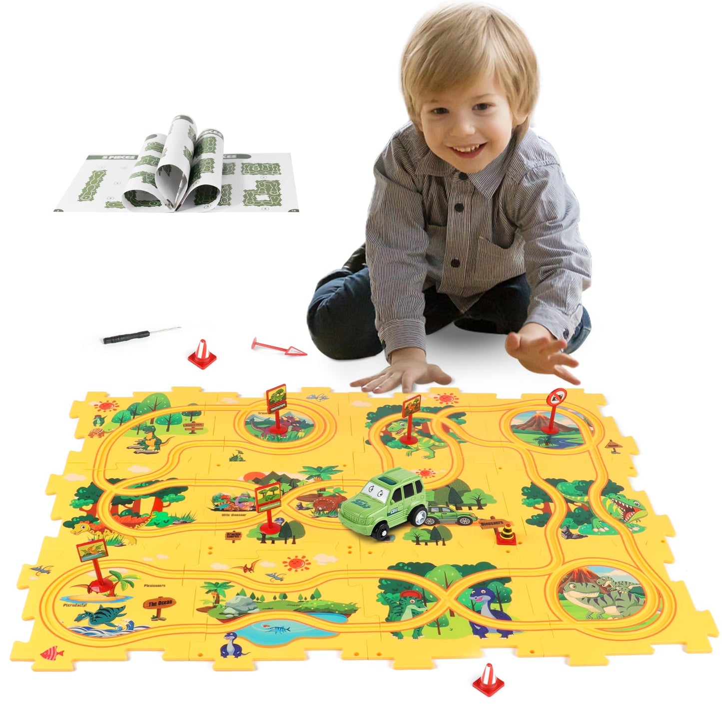 Plastic Dinosaur Puzzles for Kids with A Cute Car, Montessori Toys for 3 4 5 6 Year Old Boys, Race Tracks for Kids 3-5, Toddler Puzzle Track Play Set, Gifts for 3 4 5 6 Year Old Boys Toys