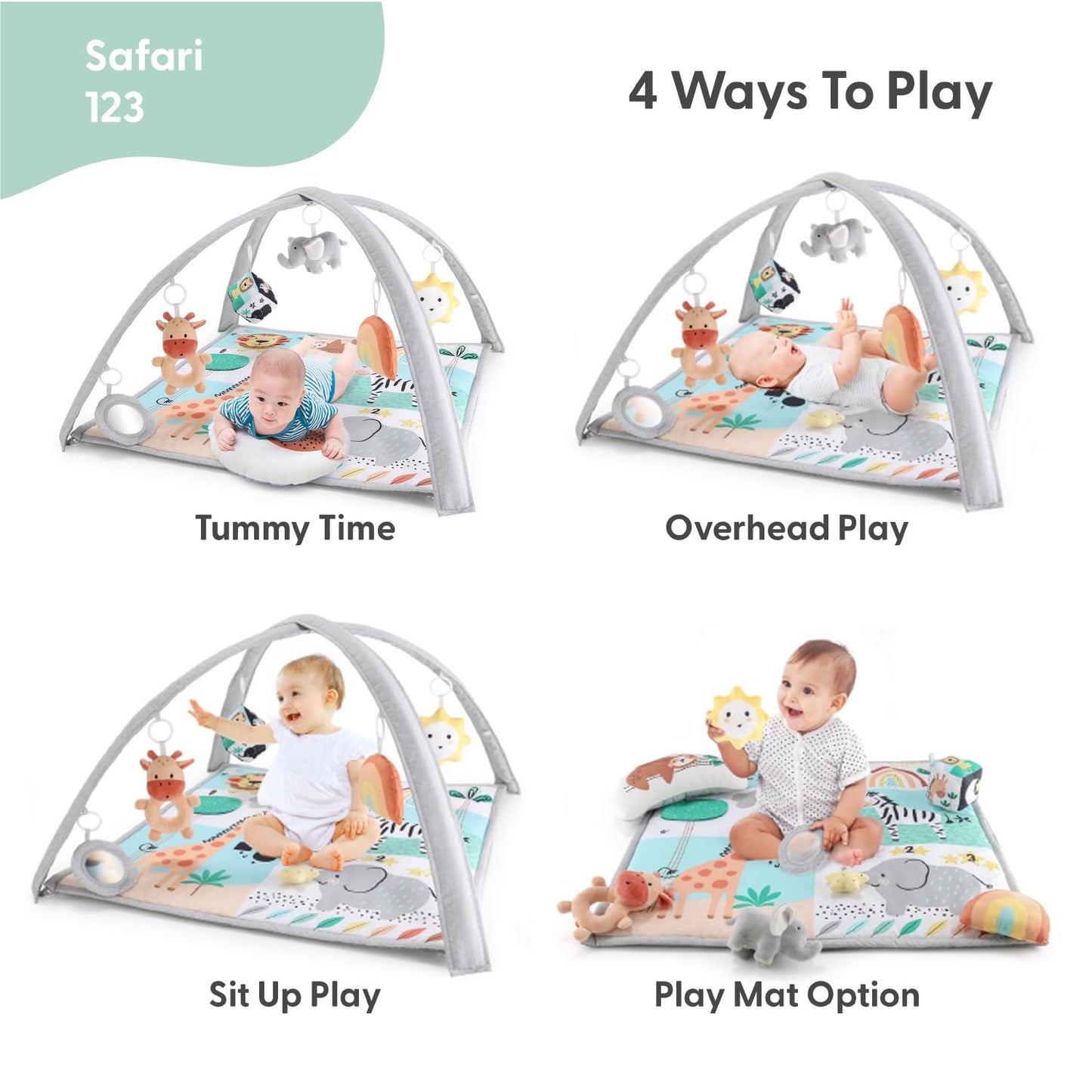The Peanutshell Unisex Baby Play Gym & 7-in-1 Play Mat - Playmat Baby Toys 0-6, 6-12 Months Tummy Time Mat with Hanging Toys, Soft Padded for Newborns, Infants - Safari