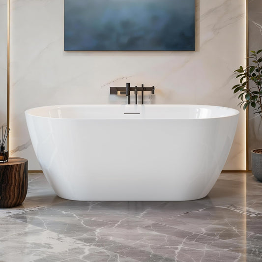 59" Freestanding Bathtub, Modern Oval Acrylic Soaking Tub with Overflow & Pop-up Device Function, cUPC Certified Deep Standalone Tub, Double-Walled Insulation, White