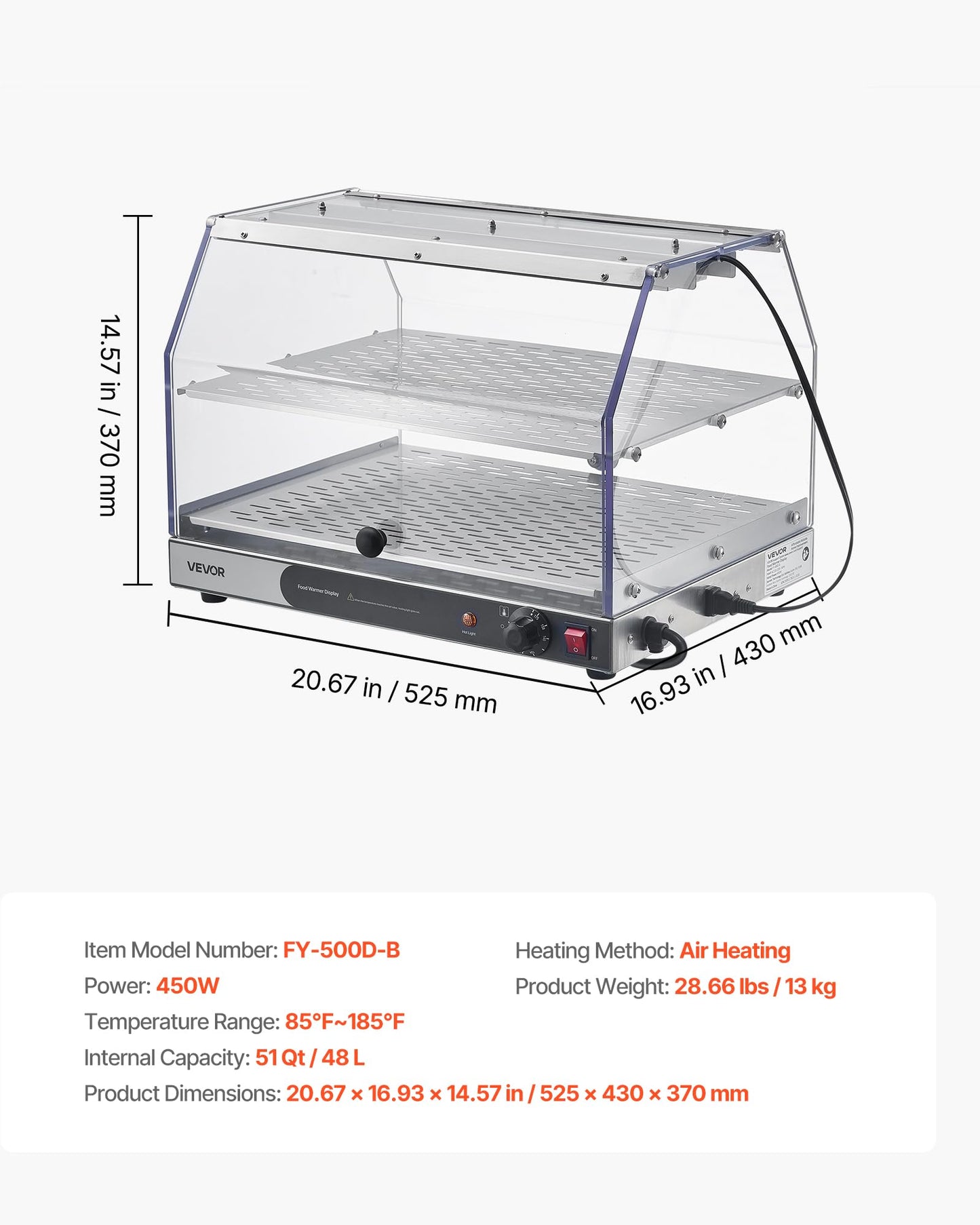 VEVOR 2-Tier Commercial Food Warmer Display, 450W Food Display Warmer with Light, Detachable Shelves and Double-Sided Door Design, 85℉~185℉ Air Heating, 48L for Hamburger, Pizza, Bread, Fried Chicken