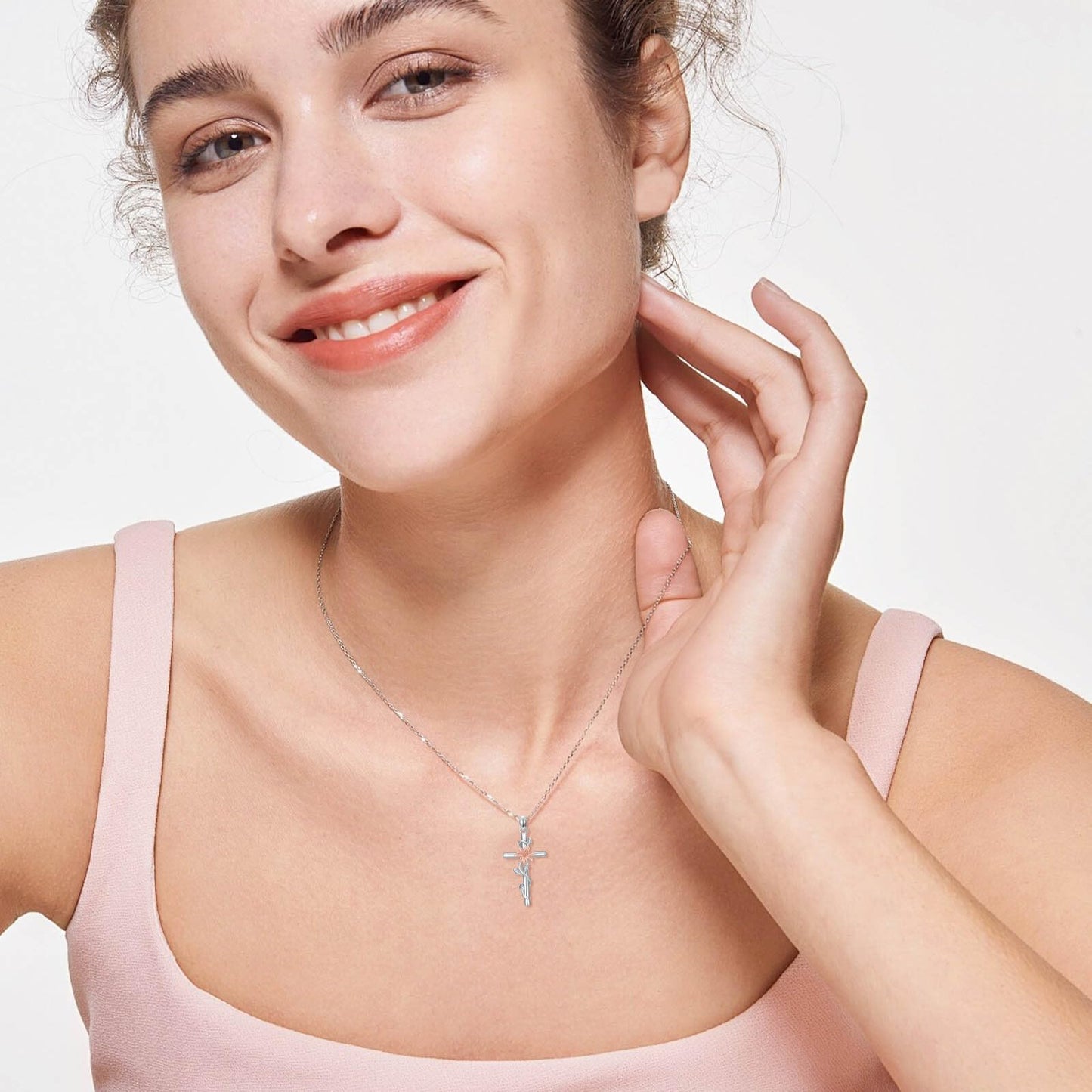 YYB Lily Cross Necklace for Women 925 Sterling Silver Lily Jewelry Dainty Silver Cross Necklace Christian Religious Gifts for Women Mothers Day Gifts