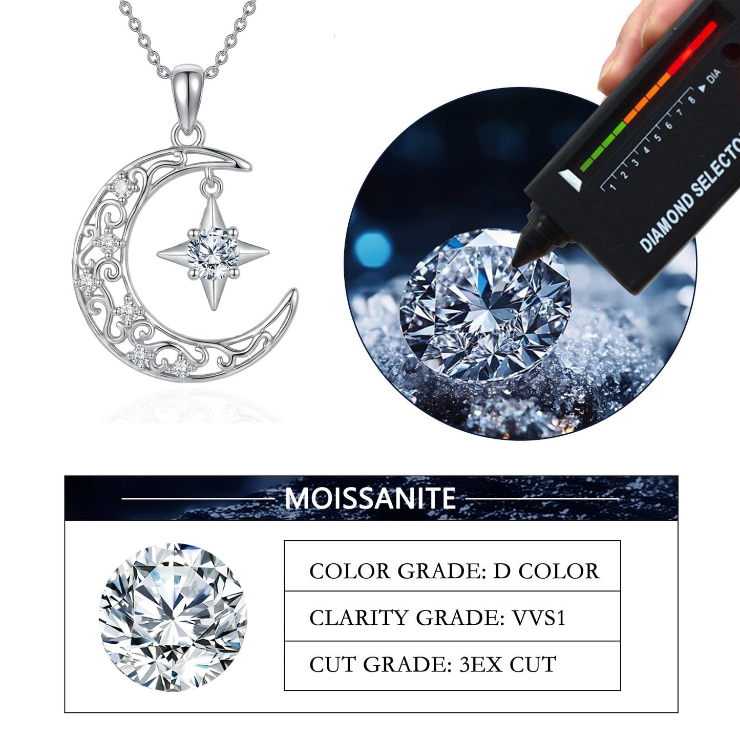 SOACAE Moissanite Moon and Star Necklace 925 Sterling Silver 0.3ct Lab Created Moissanite Moon Phase Pendant North Star Jewelry Gift for Women
