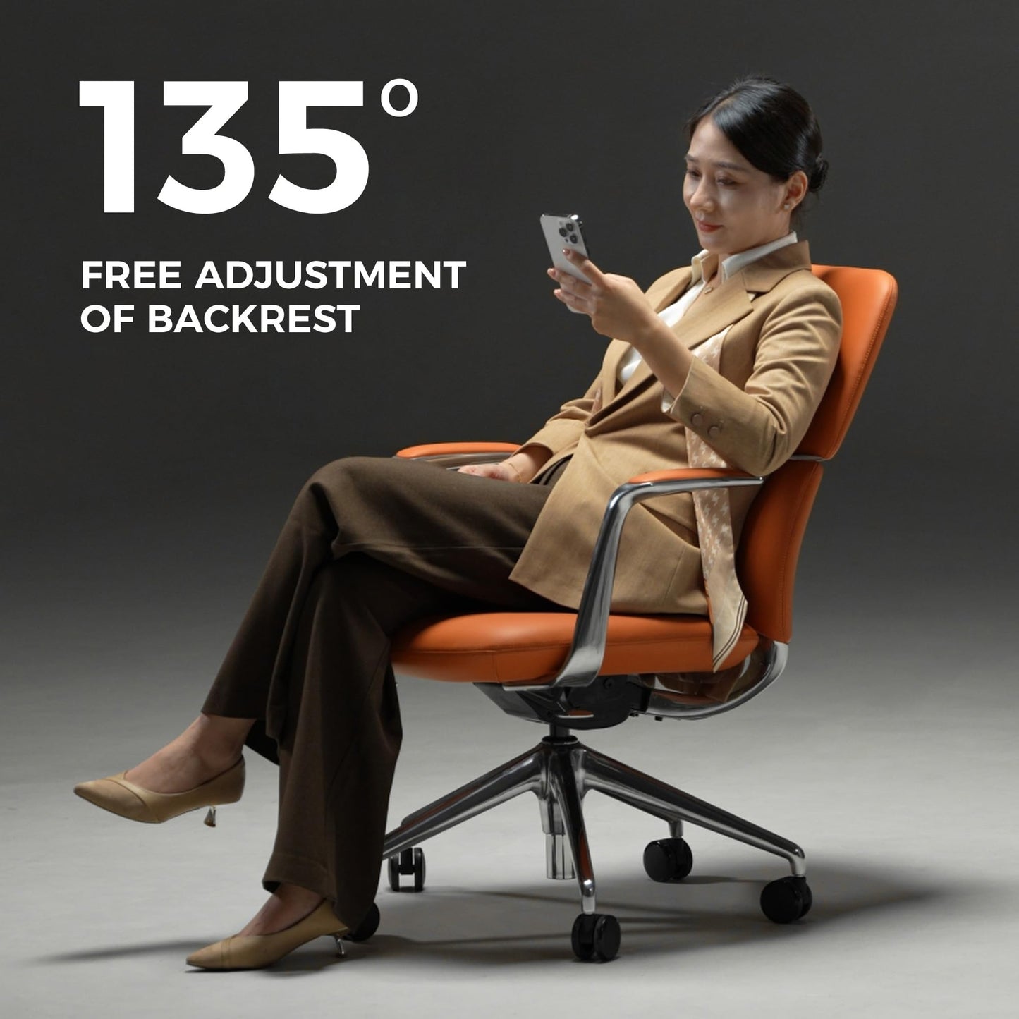 TOMU Genuine Leather Office Desk Chair with Wheels, Ergonomic Leather Executive Chair, Mid Back, Swivel Base with Adjustable Tilt, Modern Style, Luxury Aluminum Frame (Orange)