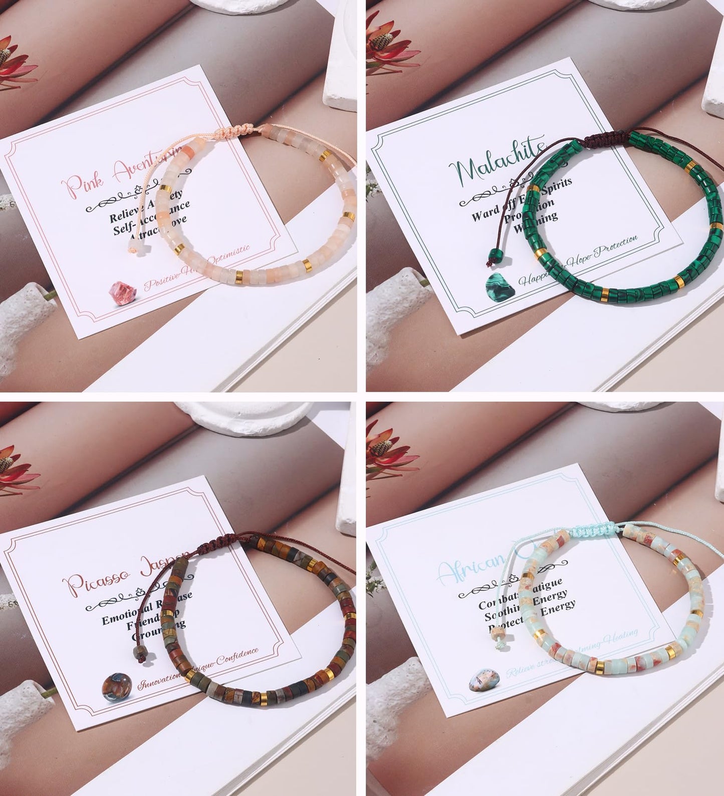 WAINIS 8Pcs Inspirational Gifts Bracelets for Women Natural Stone Crystal Healing Beaded Bracelets Adjustable Spiritual Protective Stones Beads Bracelets for Women Friends Sister