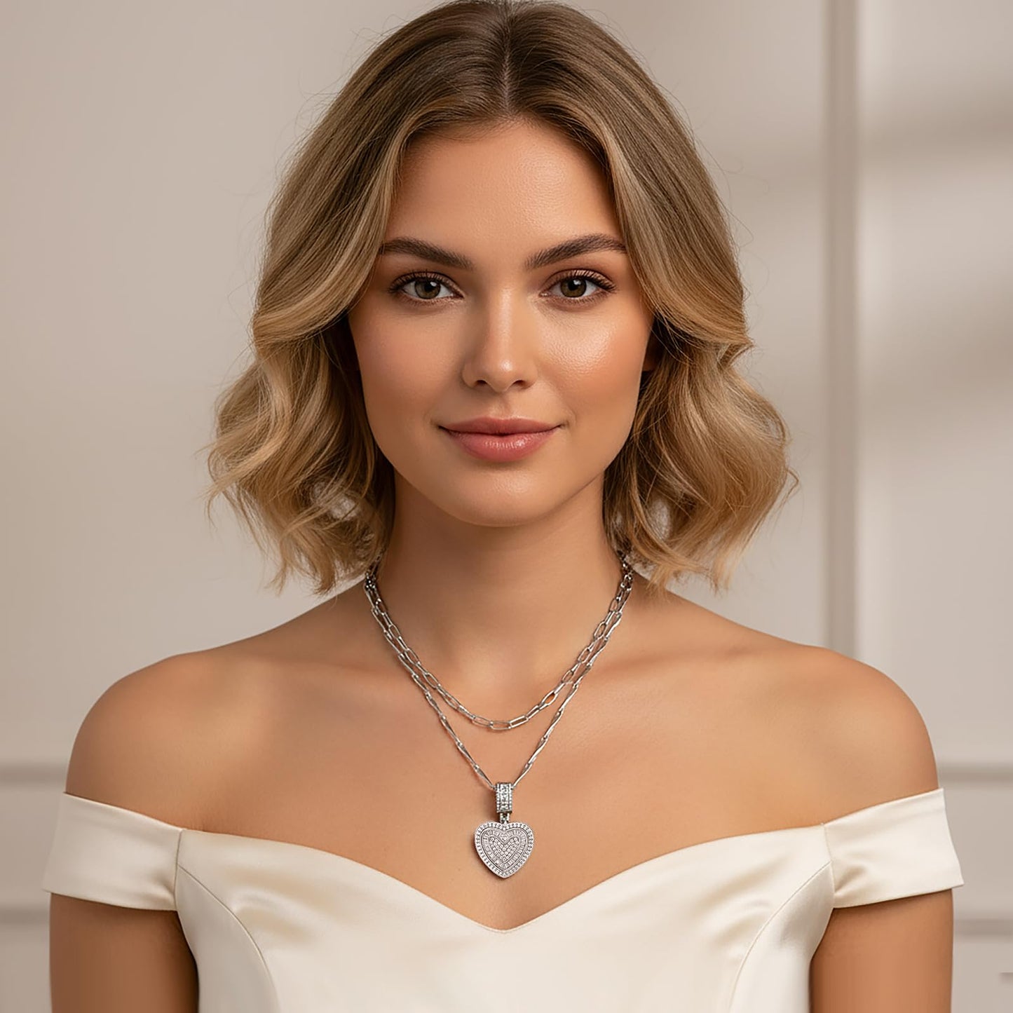 MEIITRUE Heart Necklaces for Women Trendy 14k White Gold Plated Dainty Layered Necklace Set Cubic Zirconia Love Pendant Choker Thin Paperclip Chain Stackable Jewelry Gift