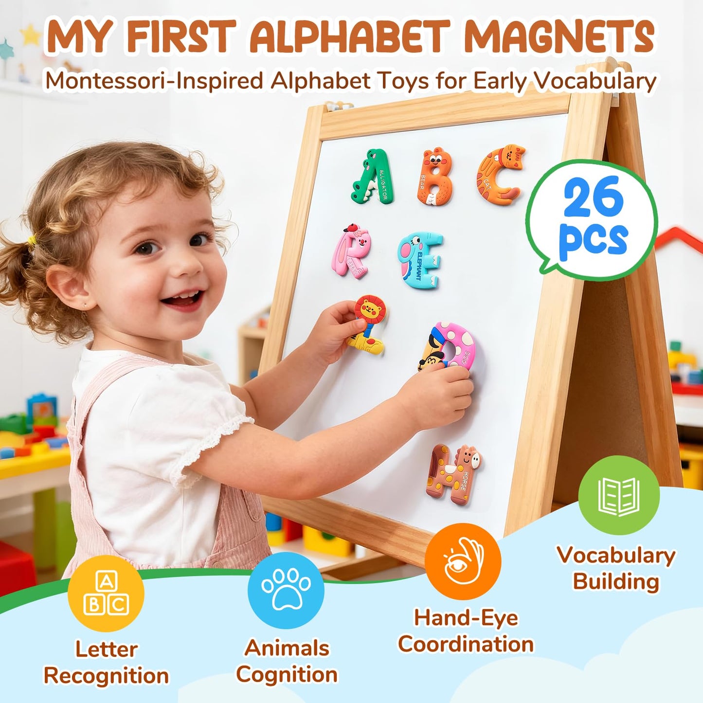 JoyCat Farm Busy Book for Toddlers 1-3 - 1 Year Old Boys Girls Gifts Toys + Magnetic Letters, Animal Fridge Magnets for Toddlers & Kids, 26 Large Soft PVC Uppercase Alphabet ABC Refrigerator Magnets