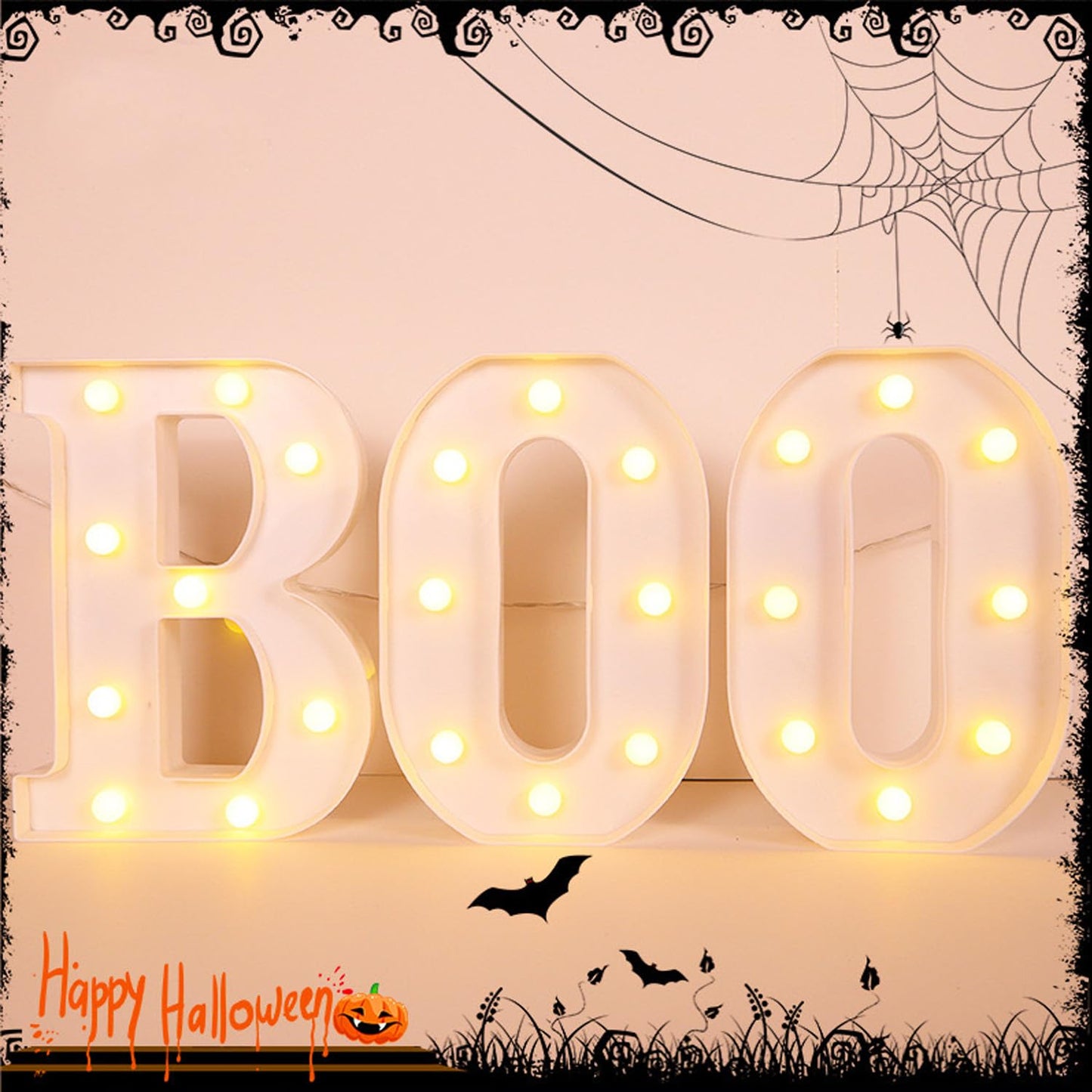 ZUOKEMY Halloween Decorative Lights - Light up Letter "BOO" Sign Halloween Outdoor Family Room Kitchen Fireplace Tabletop Party Decoration Supplies
