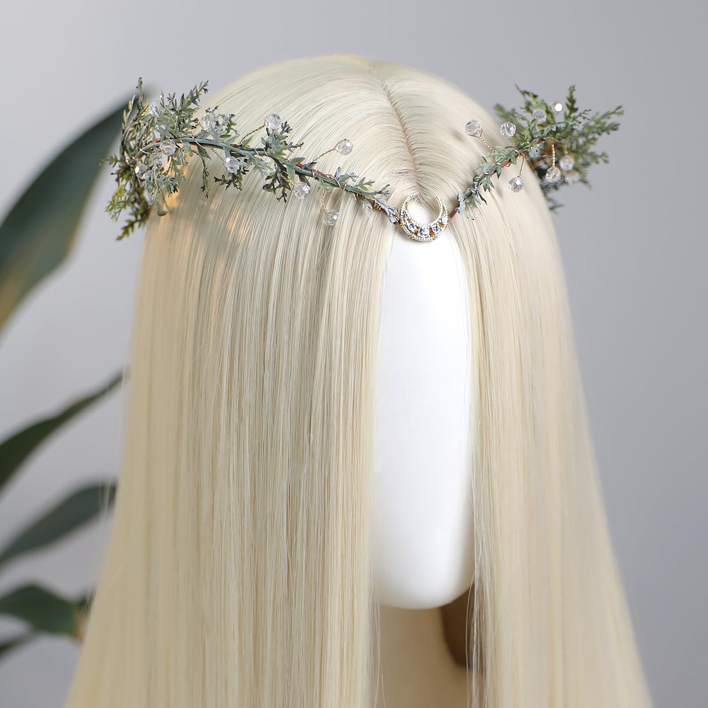 MOSTORY Green Flower Fairy Crown - Elf Crown Headpiece for Woodland Renaissance Costume Women, Floral Forest Circlet with Rhinestone for Renfaire Cosplay Photo Shoot