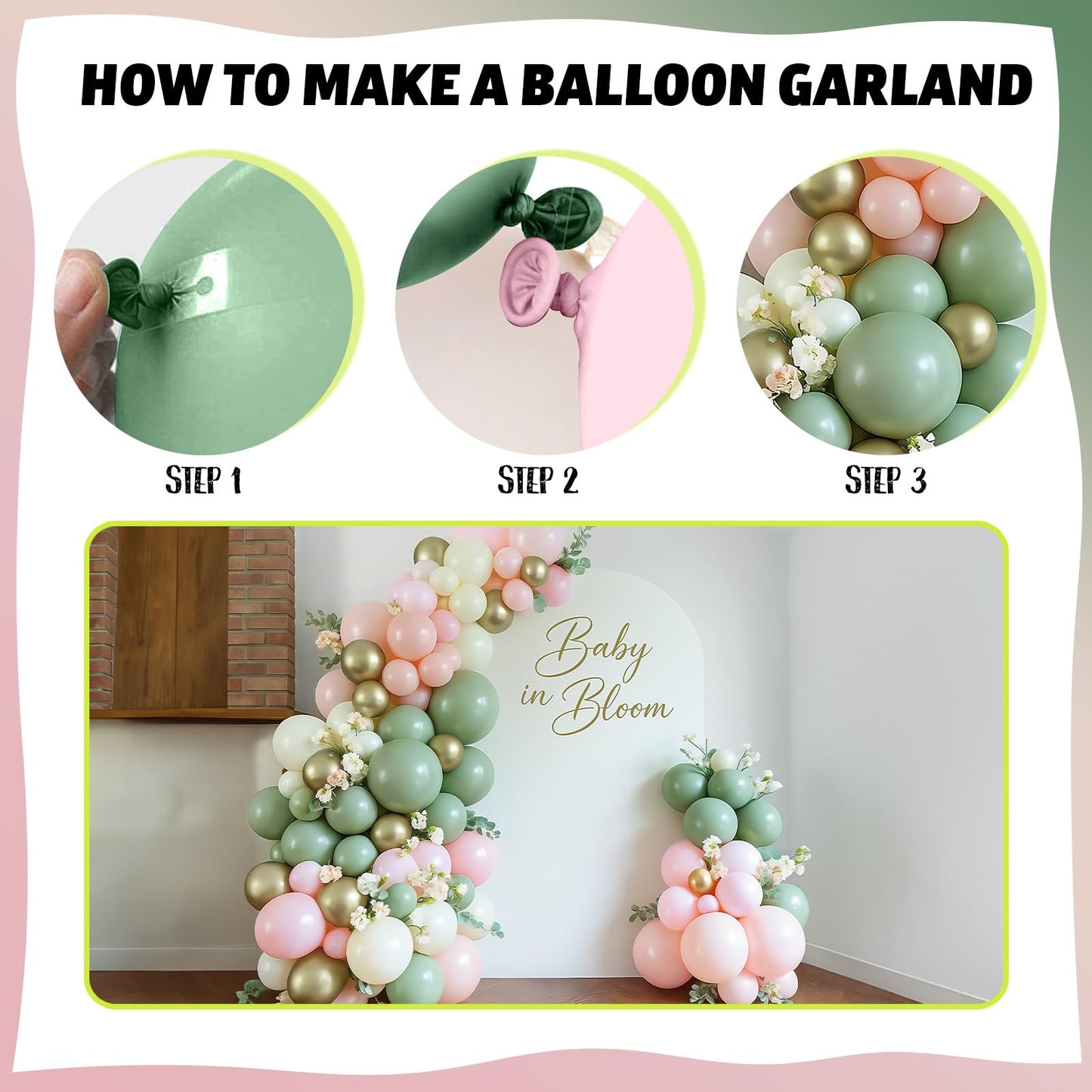 Baby in Bloom Balloon Arch Kit, 134Pcs Dusty Sage Green and Pastel Pale Pink Cream White Beige Light Gold Floral Balloon Garland for Girls Boho Baby Shower Flower Birthday Garden Tea Party Decorations