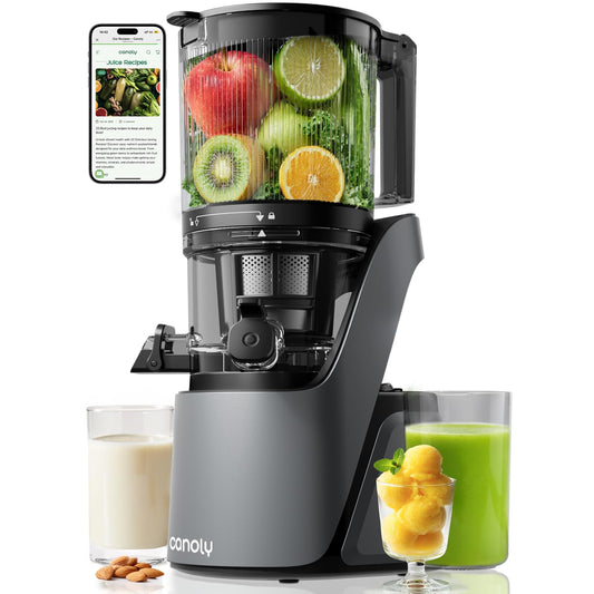 Canoly C16 Cold Press Juicer, 6" Extra Wide Feed Chute, 3-IN-1 Strainers (Juice & Sorbet & Nut Milk), Powerful AC Brushless Motor, Self Precut System, Juicer Machines with BPA-Free (Space Gray)