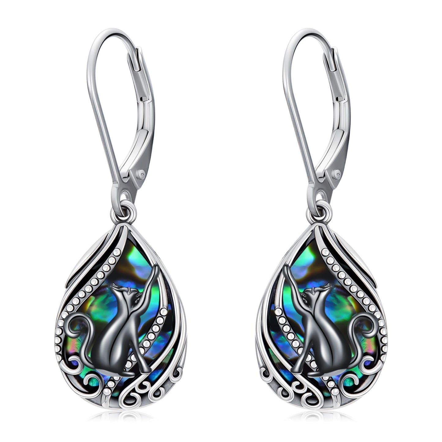 YYmqmq Black Cat Earrings for Women 925 Sterling Silver Abalone Filigree Dangle Drop Earrings Leverback Black Cat Jewelry Gifts for Women Girlfriend Mom