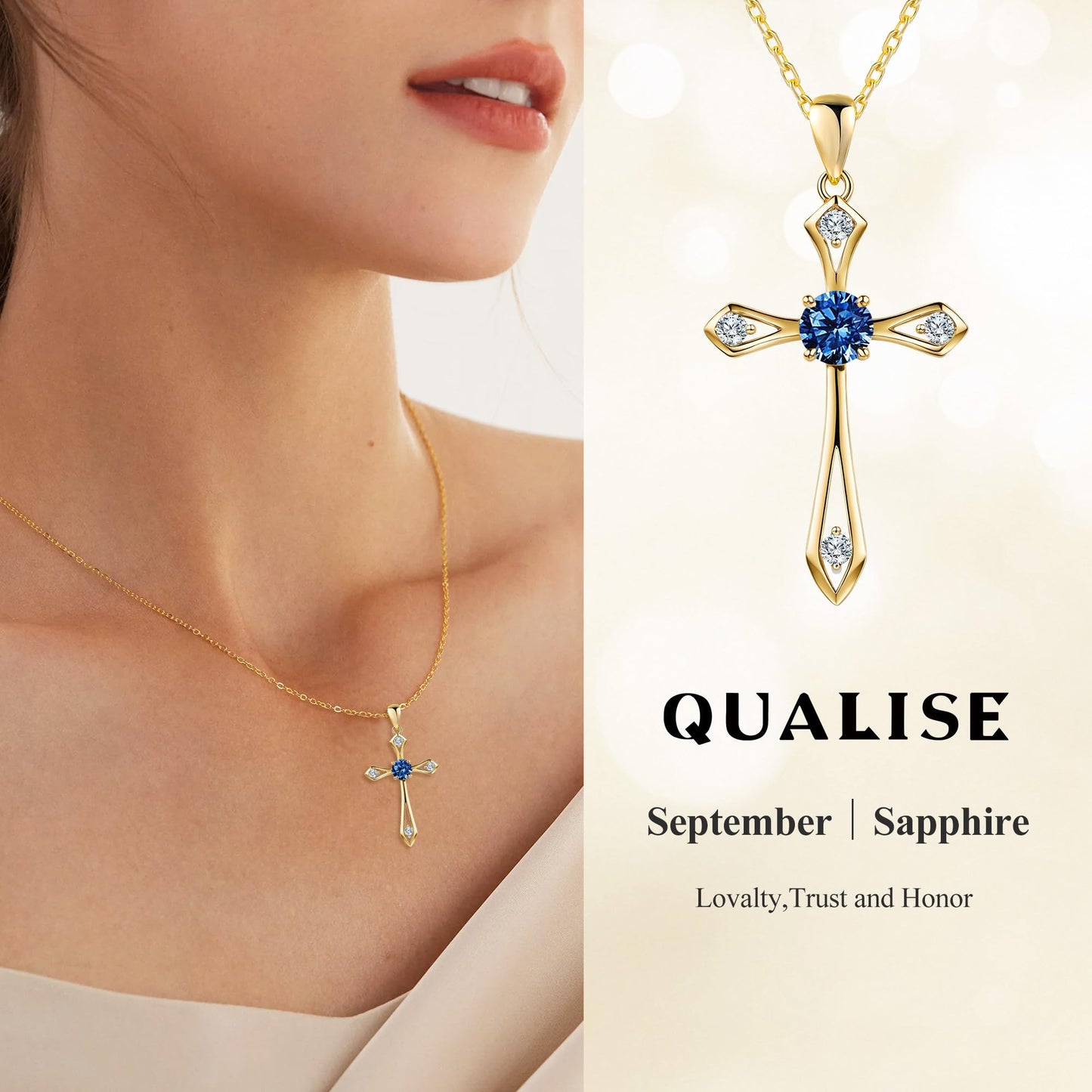 14K Solid Gold Plated Cross Necklace for Women,925 Sterling Silver Ladies Faith Cross Birthstone Pendant Christian Religious Confirmation Baptism Everyday Jewelry Anniversary Birthday Gifts for Her