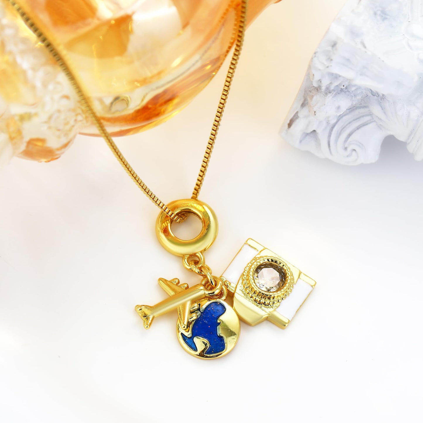 MISS RIGHT Charm Necklace for Women 18K Gold Plated World Travel Pendant Camera Airplane Earth Charms Necklace, Travel Jewelry Gifts for Women CAMERA