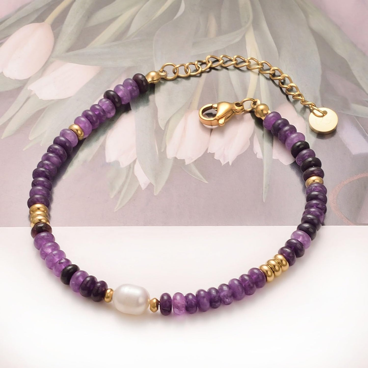 vissen Violet Natural Stone Bracelets for Women Beaded Necklace Freshwater Pearl Stainless Steel Gold Plated Bracelet Women Gift
