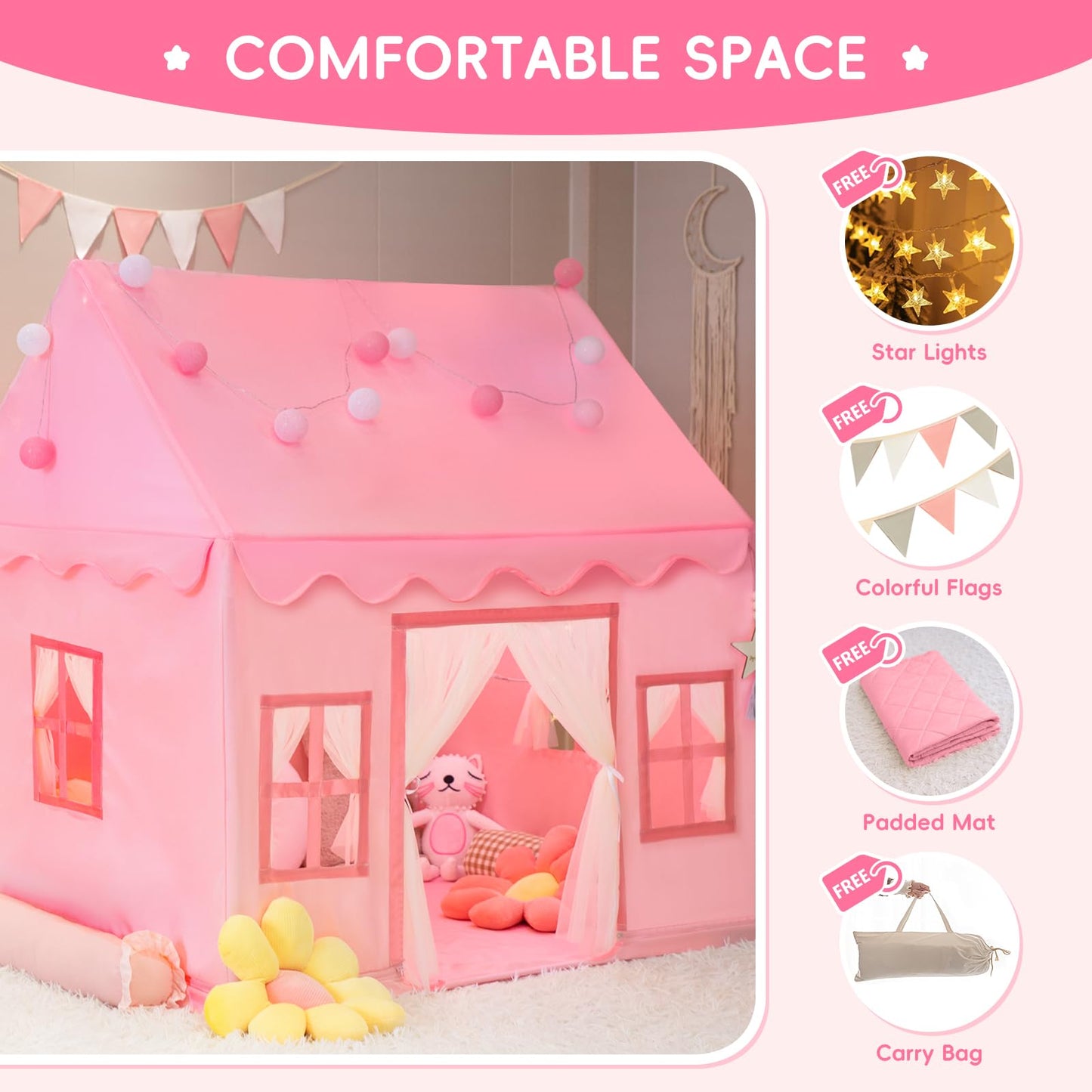 RONGFA Large Kids Tent Playhouse Padded Mat with Star Lights, Flags and Tote Bags, Play Tent Indoor & Outdoor, Washable Teepee Tent for Boys & Girls, Kids Play House for Toddler（Pink）