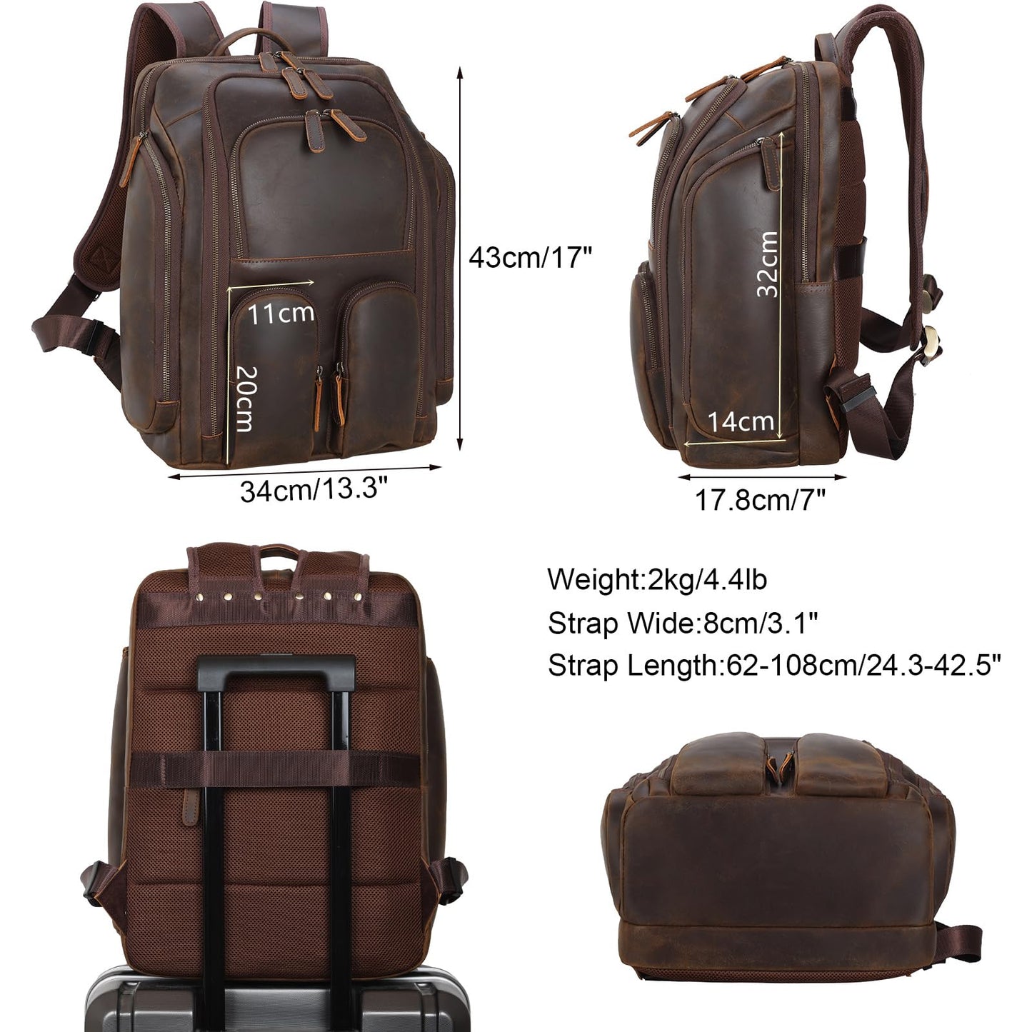 Masa Kawa Leather Backpack for Men with 16" Laptop & Camera Lens Sleeve, Multi Pockets Weekend Trip Business Travel Overnight Camping Bag, Vintage Brown