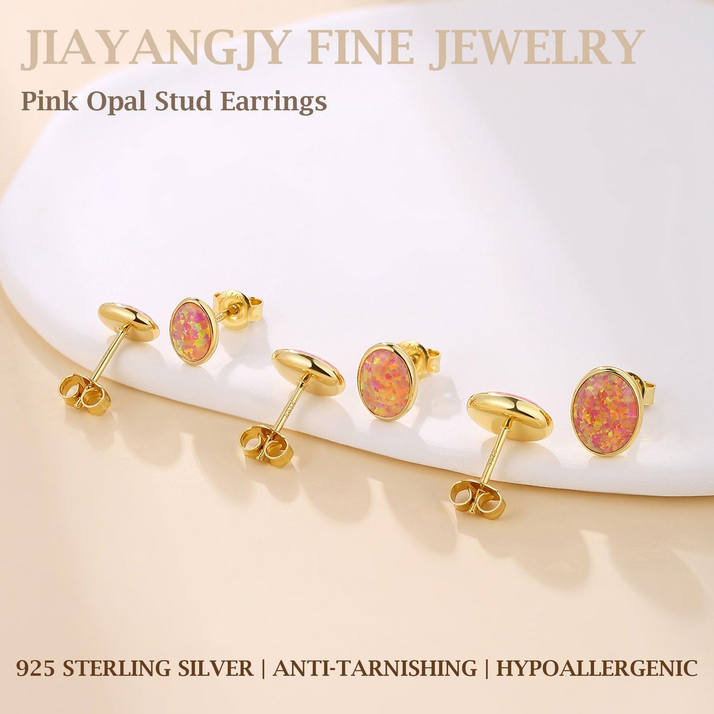 JiayangJY Silver Red Fire Opal Stud Earrings for Women 18K Yellow Gold Plated Sterling Silver Oval Shape 7mm Opal Earrings with Push Back
