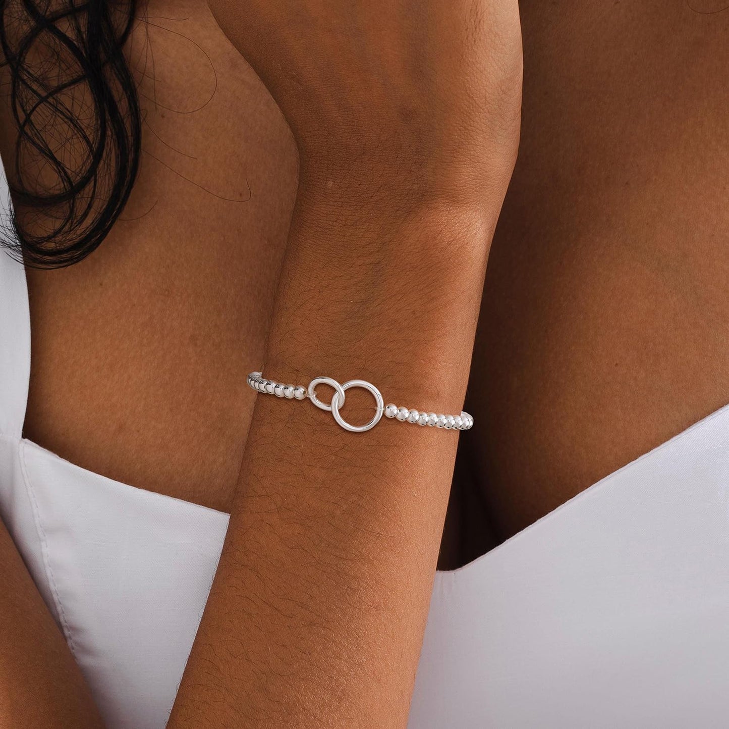 Beaded Bracelets for Women 14K Silver Gold Plated Stretch Handmade Ball Bracelets Cute Charm Bracelet Dainty Stackable Cross Heart Bow Wave CZ Circle Trendy Jewelry Easter Gifts (double-circle-silver)