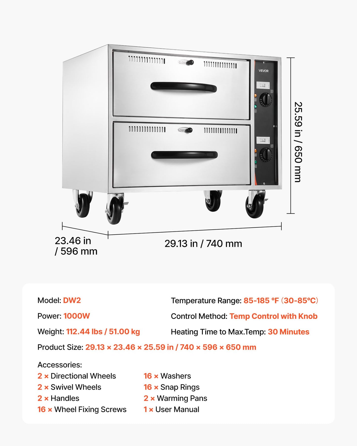 VEVOR Commercial Electric Drawer Warmer, Two-Drawer Stainless Steel Food Warmer, Freestanding Standard Warming Drawer Cabinet, 85°F–185°F Wide Temperature Range, for Restaurant, Hotel Buffet & Bakery