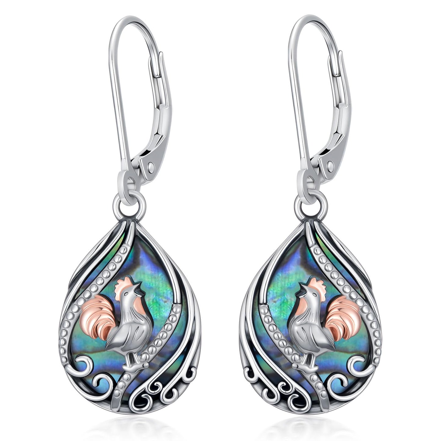 YYmqmq Chicken Earrings for Women 925 Sterling Sliver Abalone Rooster Dangle Earrings Leverback Chicken Jewelry Turkey Thanksgiving Gifts for Women Girlfriend