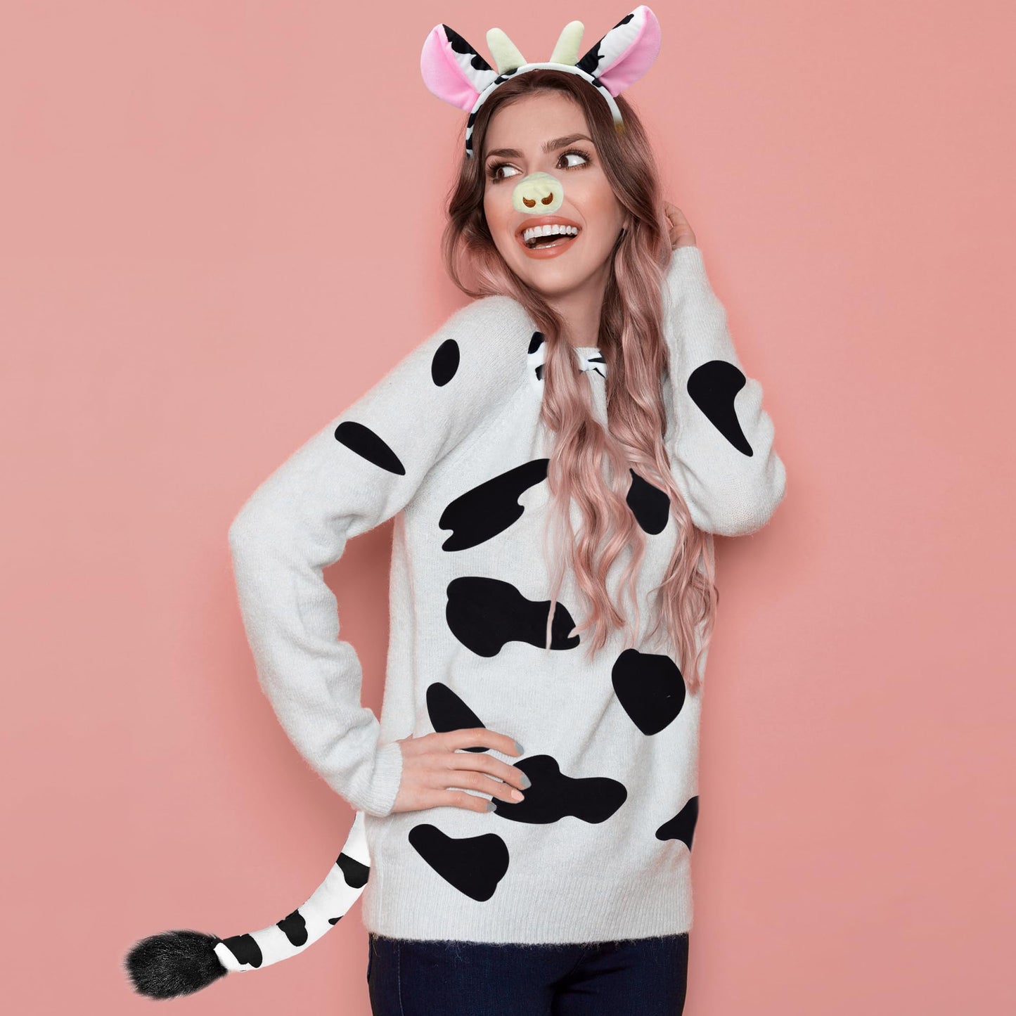 U-Zomir Cow Costume Set, Cow Ears Headband Nose Bow Tie Tail and 34pcs Adhesive Felt Pads Stickers for Halloween Cosplay DIY Dress Up (Pink)