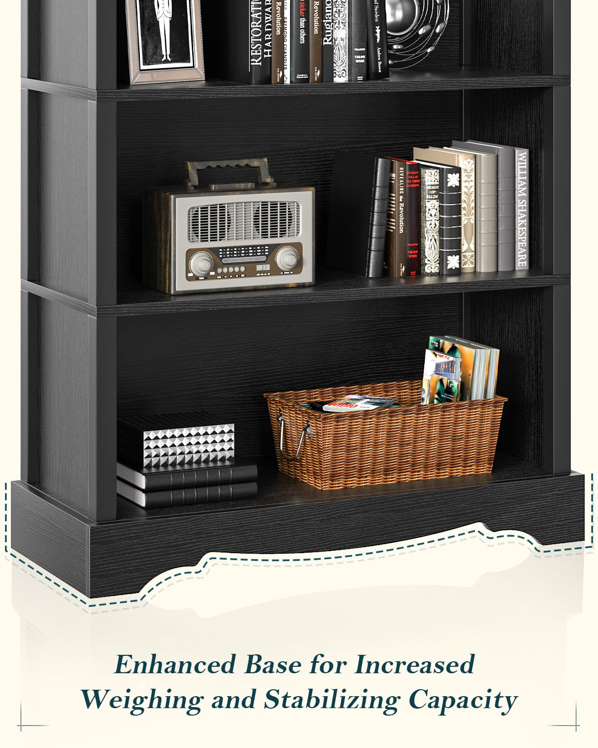 TVU 5-Tier Wooden Bookshelf, 65 Inch Tall Bookshelf with Storage, Floor Standing Modern Style Display Bookcase for Living Room, Office, Study Room, Entryway, Black