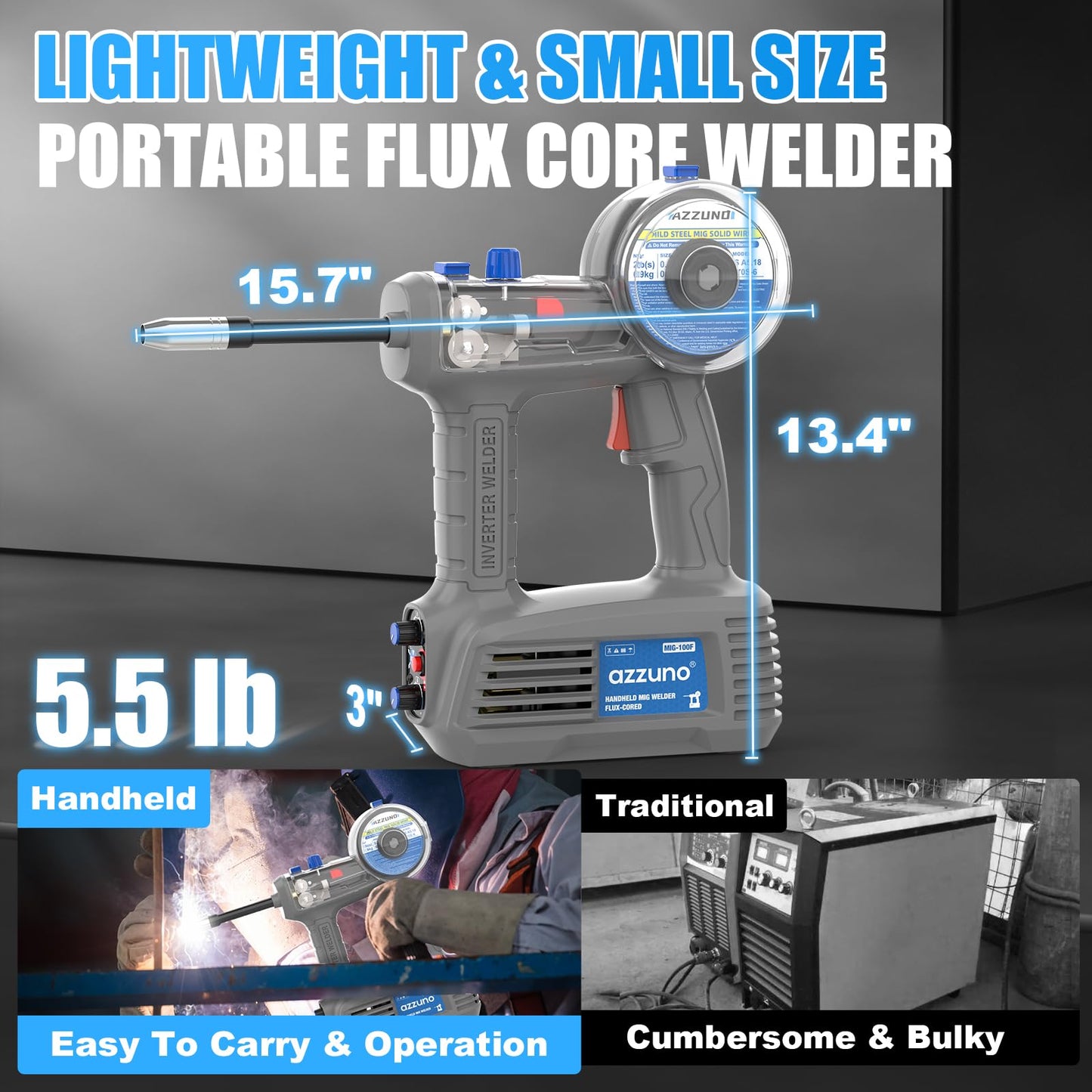 AZZUNO 100Amp Handheld MIG Welder Machine, Gasless MIG Welder Machine, Portable Flux MIG Welding Machine 100V