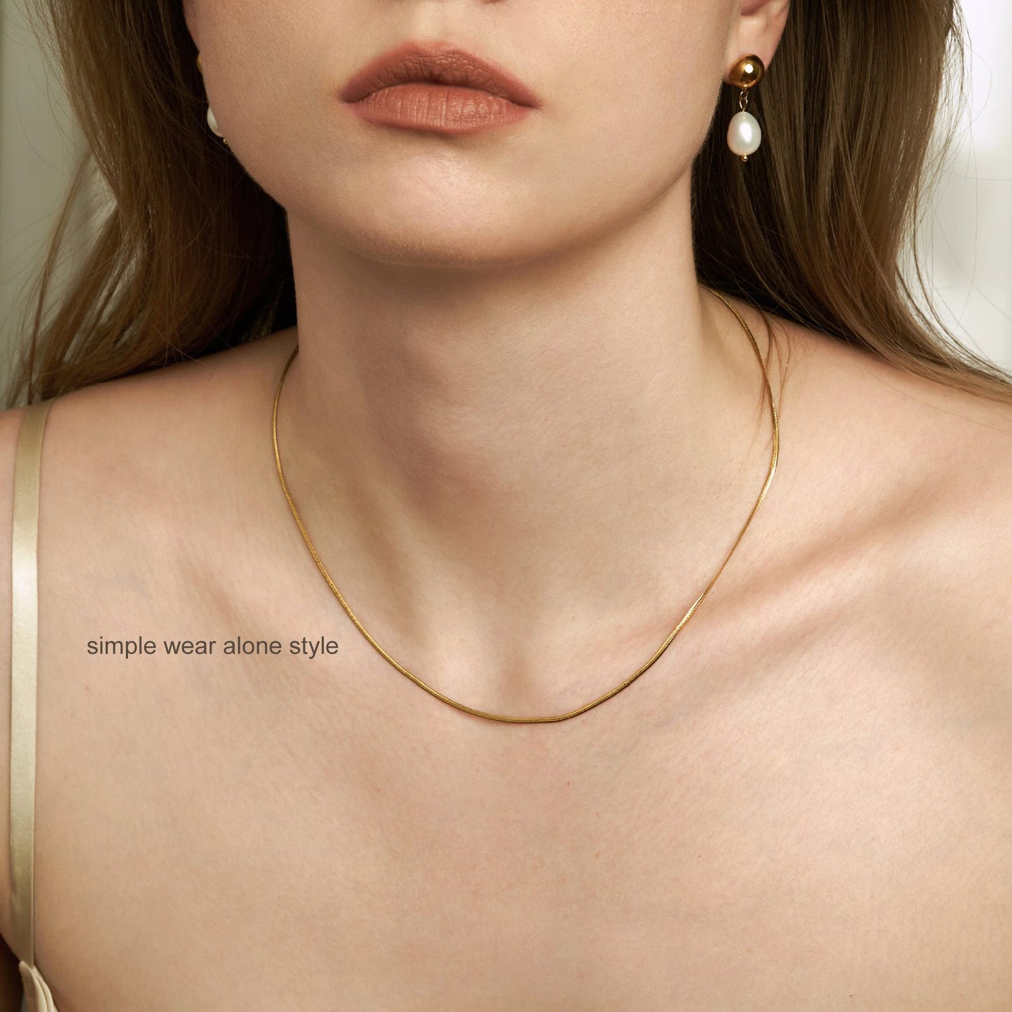 Freekiss Dainty Gold Necklace - Simple Herringbone Choker, 14k Gold Plated Beaded Snake Necklace Gift for Women
