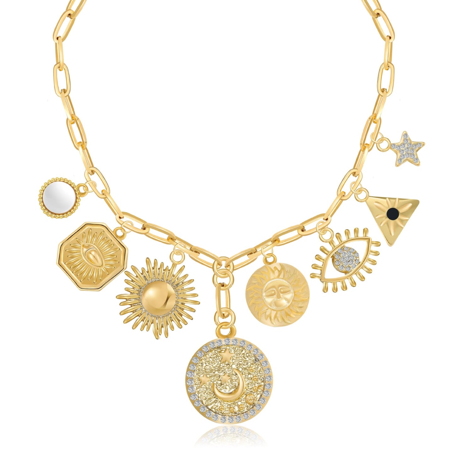 MISS RIGHT Charm Necklace for Women Dainty Gold Evil Eye Coin Lucky Charm Vintage Paperclip Chain Sun Moon Shell Chunky Pendant Necklace Jewelry Gifts Coin