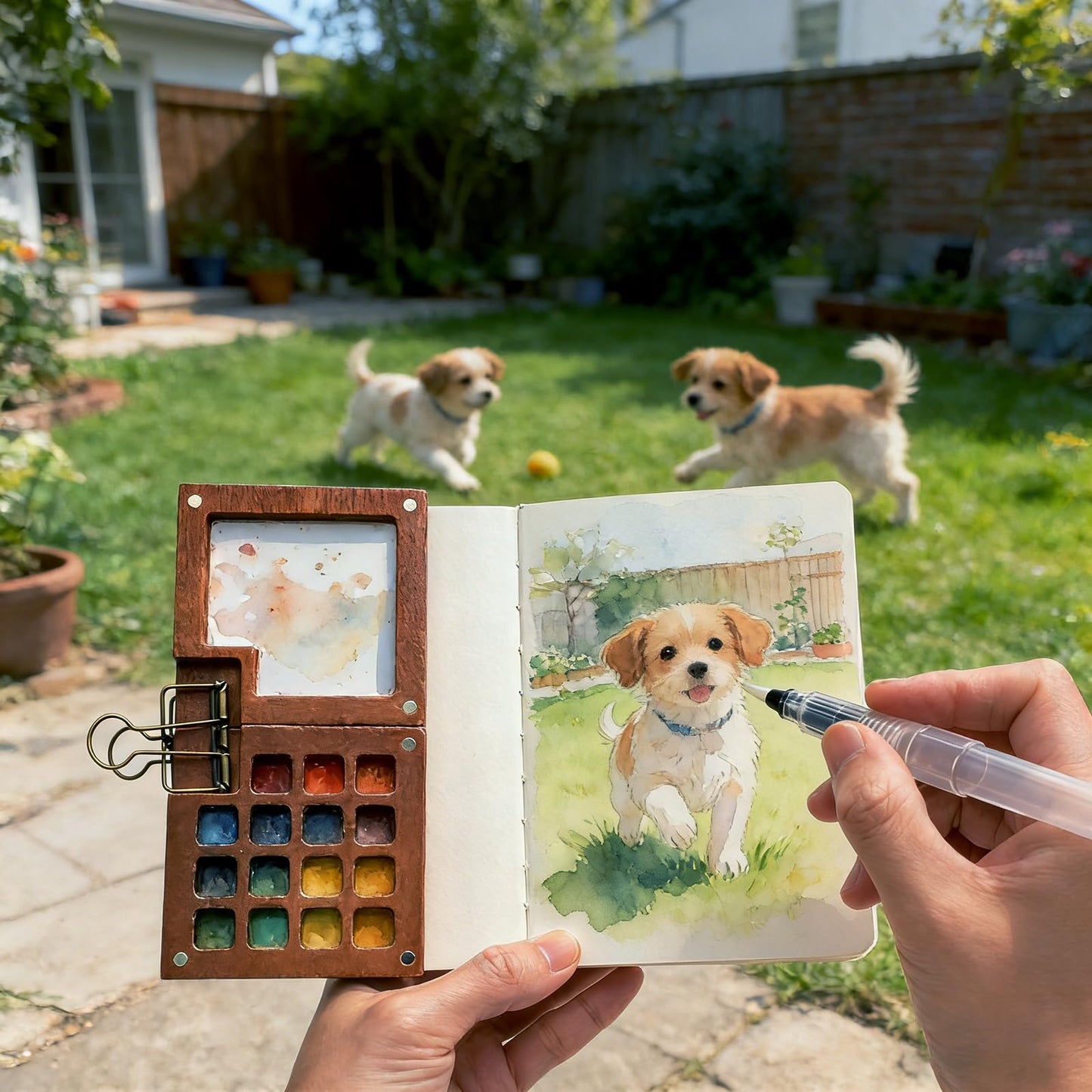 Mini Watercolor Paint Set, Portable Travel Kit with Pocket Painting Palette, 24 Colors, Small Sketchbook, Water Brush Pens & Carrying Case for Art Lovers
