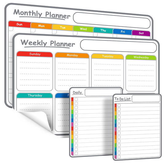 4-Pack Non-Magnetic Dry Erase Calendar Board Set – Monthly, Weekly, Daily, to-Do List Planner – Whiteboard for Stainless Steel Fridge, Wall, Glass, Door – Family, Office, Classroom Organizer