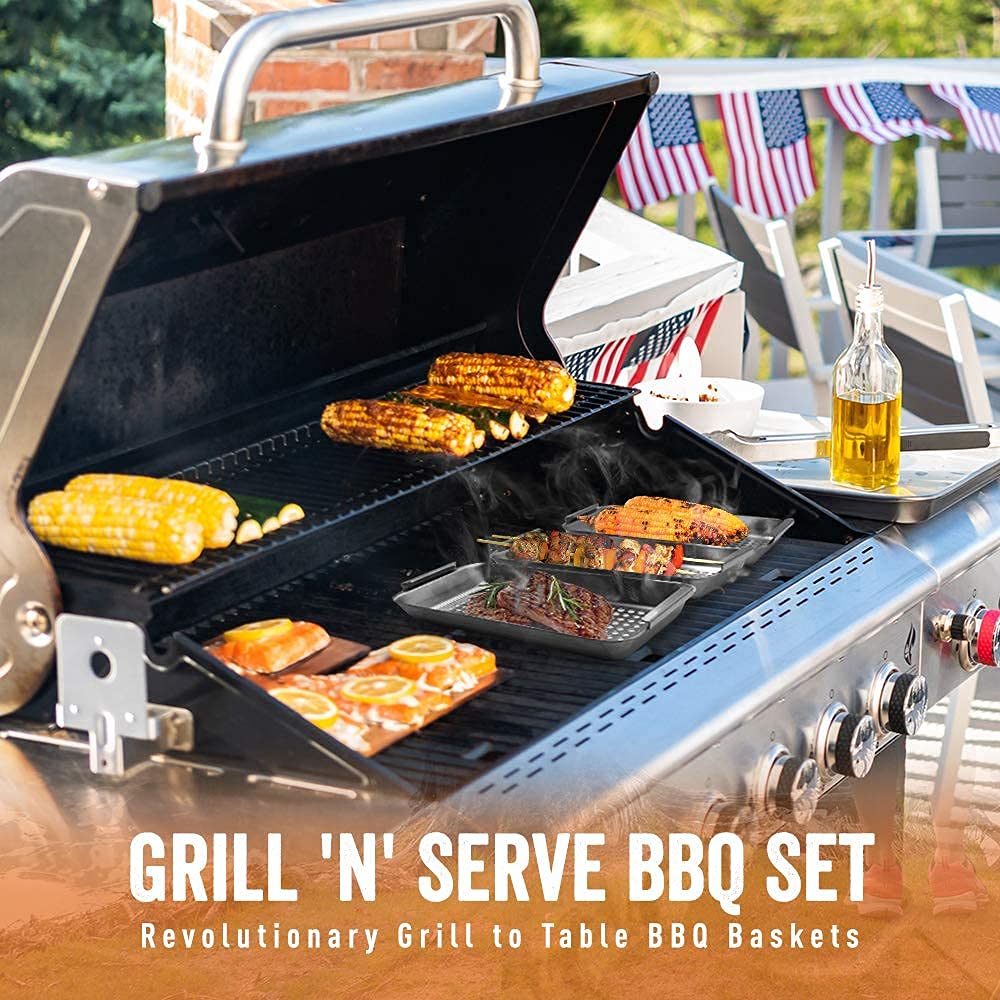 Yukon Glory BBQ Vegetable Grill Basket Set, Stainless Steel, 3 Baskets with Drip Tray & Removable Handle for Fish, Shrimp & Veggies