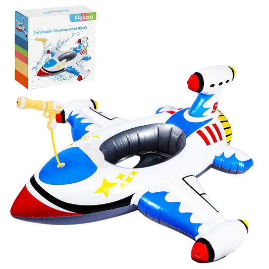 Baby Airplane Pool Float with Squirt Gun & Handle, Inflatable Toddler Swimming Boat for Kids Age 1-4, Summer Water Toy for Boys & Girls, Portable Swim Ring Ride-ons for Beach & Pool