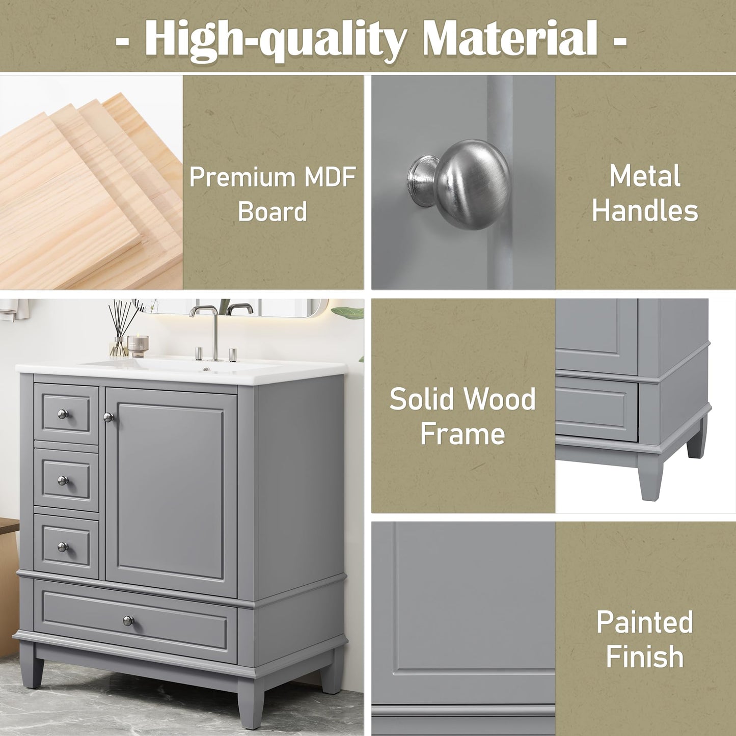 30" Bathroom Vanities with Ceramic Sink, Multi-Functional Modern Wood Storage Cabinet Organizer Door Shelf, Left Side Drawers, Soft-Closing Door, Gray