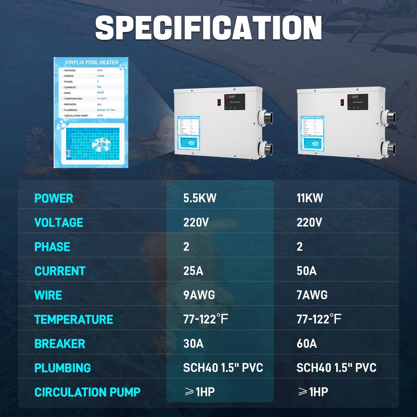JURPLIX 5.5KW 220V 25A Electric Pool Heater for Swimming Pool, Hot Tub & Spa Heater with Digital Touch Screen Thermostat, Efficient Water Warmer, Above Inground Pool & Ground Pool