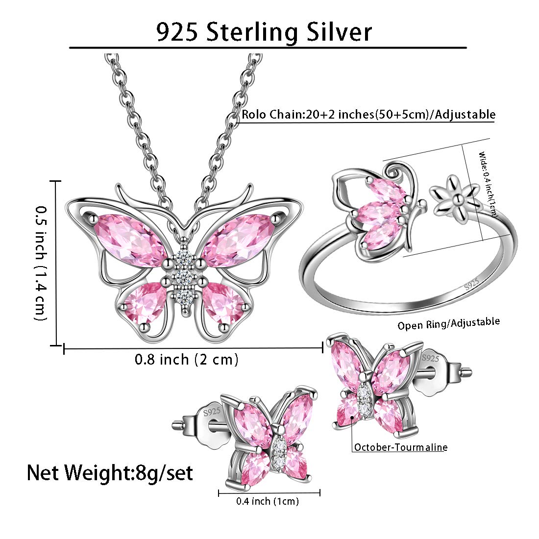 Hipunk Butterfly Pink Jewelry Sets Birthstone Women 925 Sterling Silver October-Tourmaline Birth Stone Animal Butterflies Jewelry Sets/Earring/Ring Set Crystal Birthday Jewelry SS0002O