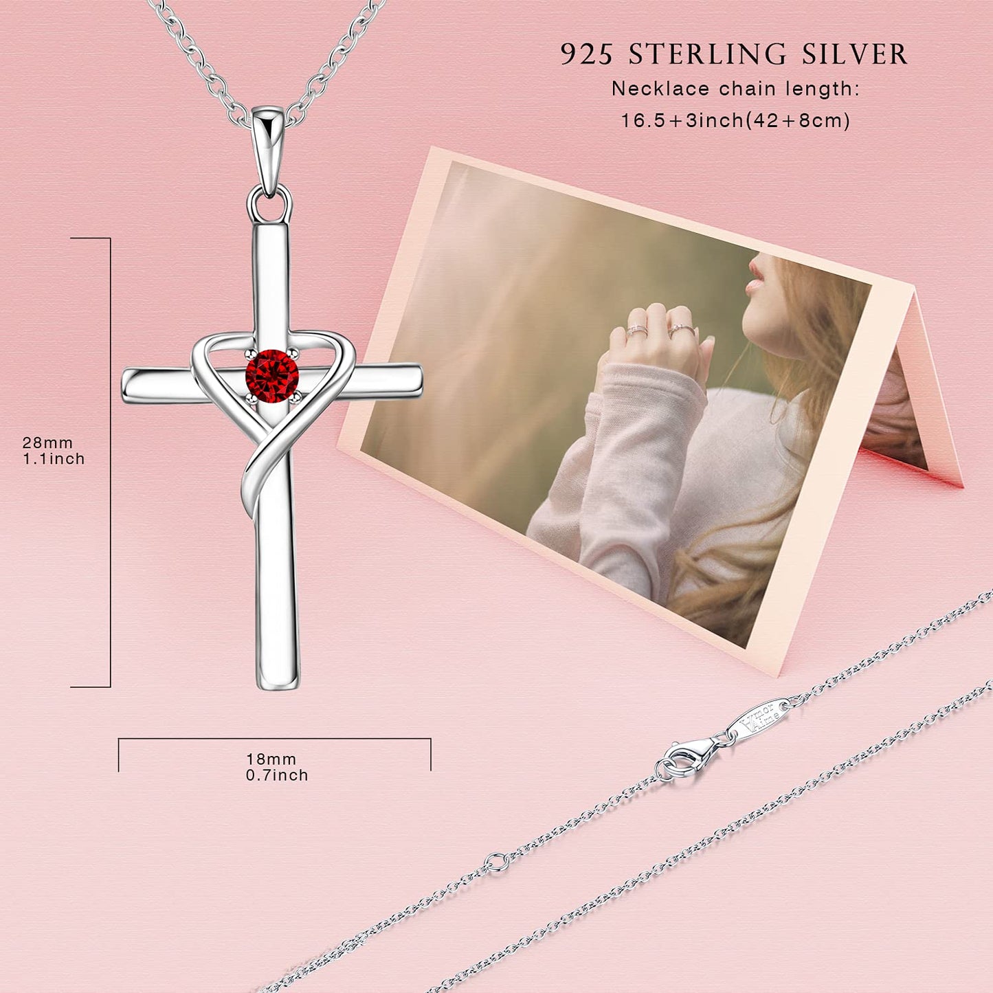 AmorAime 925 Sterling Silver Cross Necklace for Women Men 14K Gold Plated 5A CZ Birthstone Necklaces for Holiday (A.Red-Garnet-January)