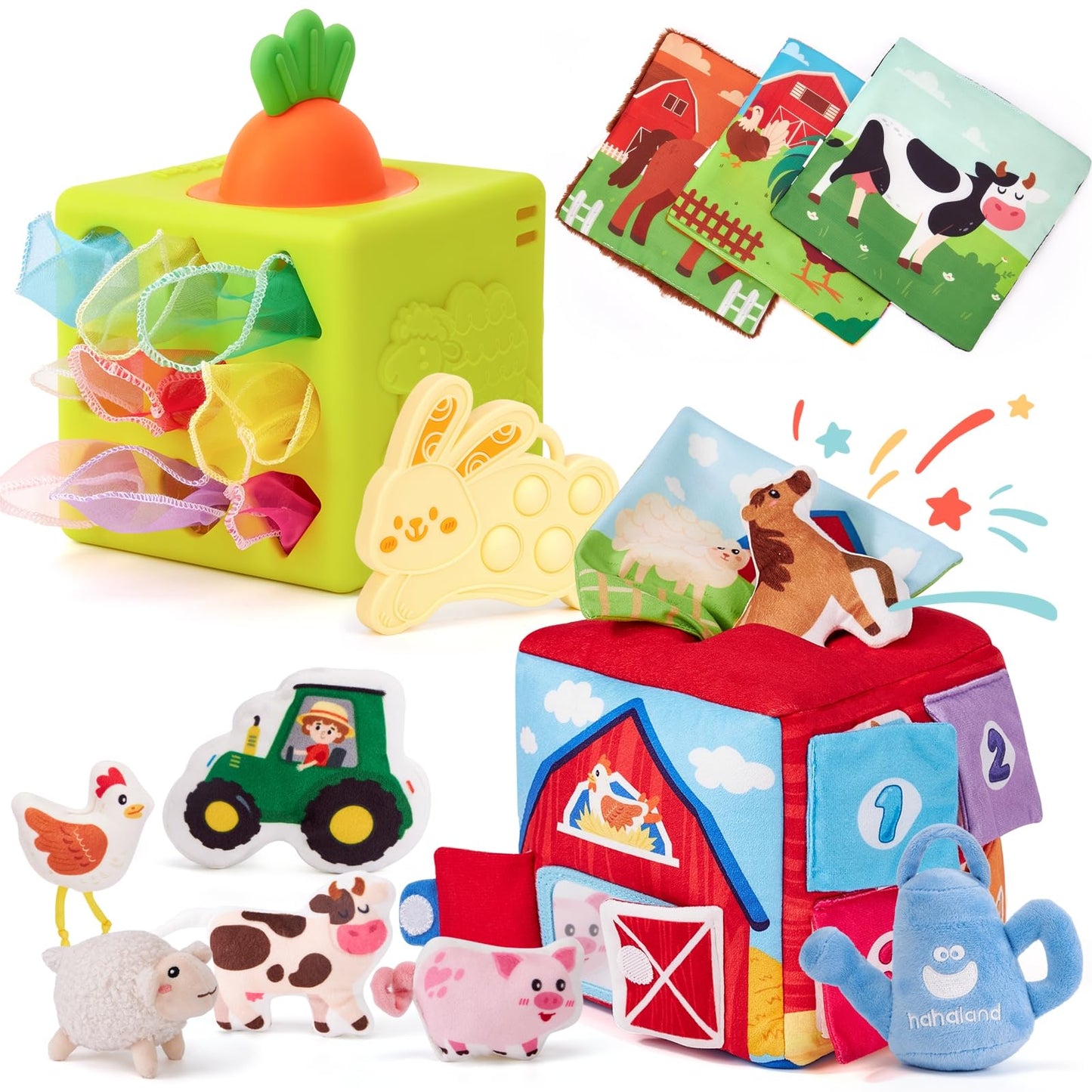 hahaland Baby Toys 6-12 Months - 13 PCS Whats Inside Box Surprise Developmental Toy and Silicone Baby Tissue Box Toy, Montessori Toys for 6 Month Old Gifts