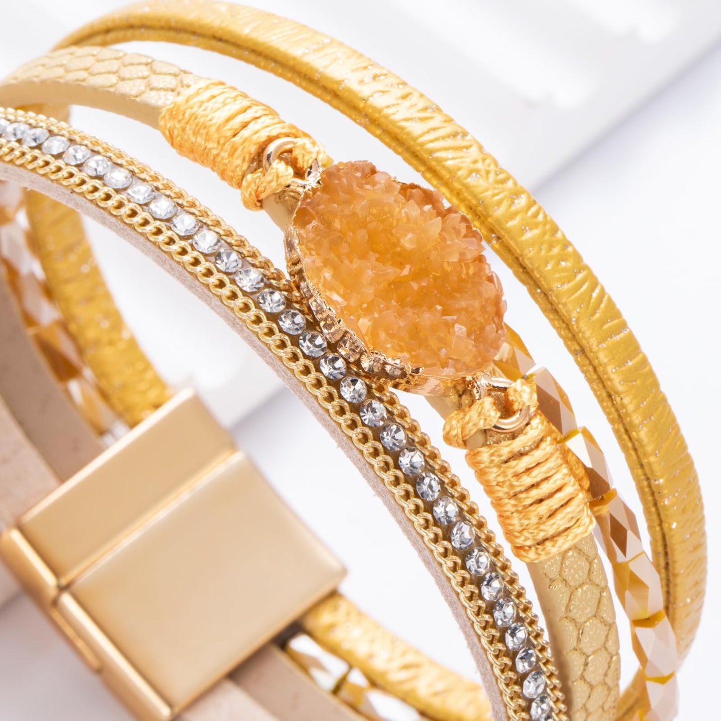 FANCY SHINY Boho Leather Wrap Bracelet Stackable Chunky Crystal Cuff Bracelets with Magnetic Clasp Cowboy Cowgirl Western Summer Beach Outfits Jewelry Gifts for Women (7.7", Orange)