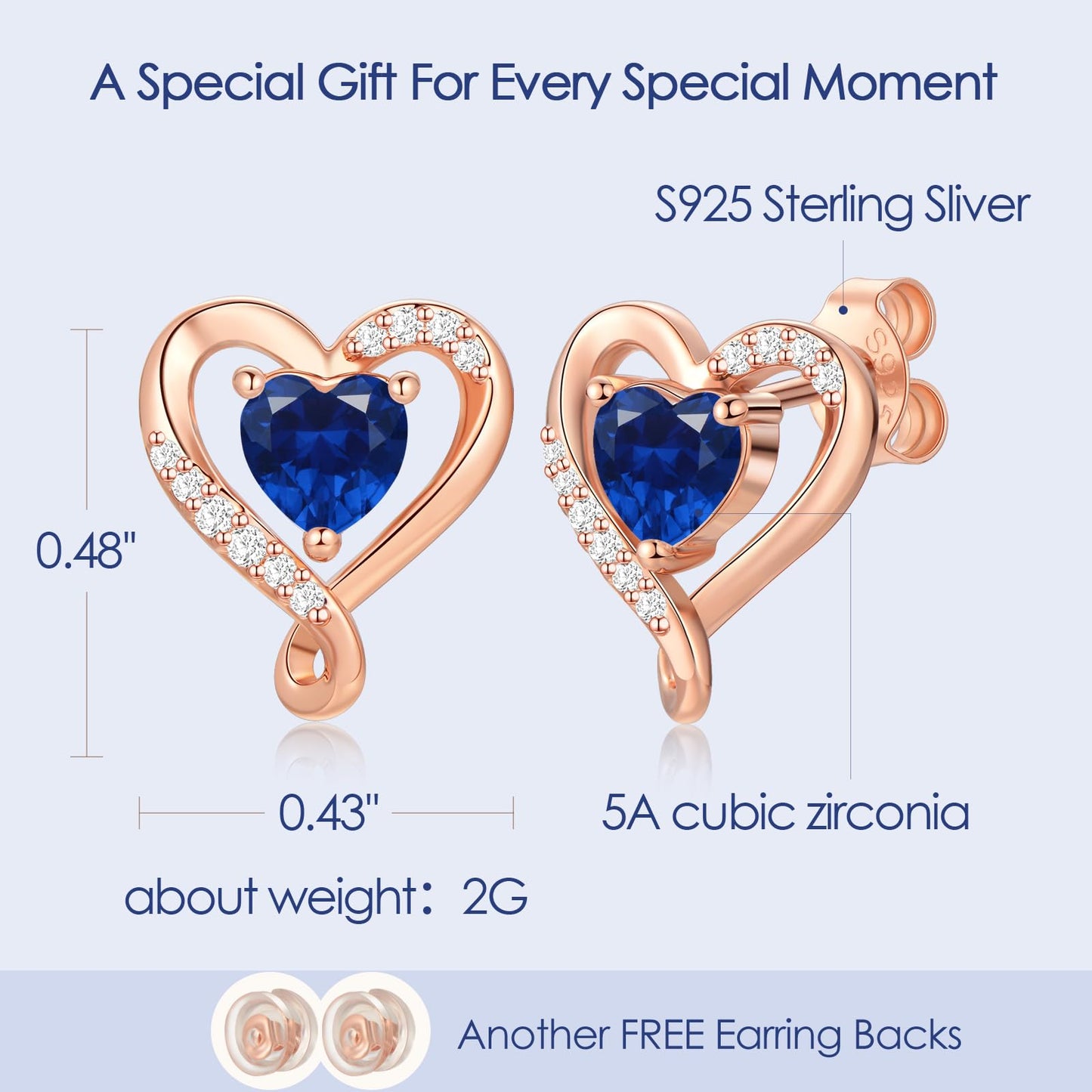 Zifeel Earrings for Women, Rose Gold Birthstone Heart Studs Earring for Girlfriend Wife, Anniversary Birthday Christmas Valentines Mothers Day Gifts Jewelry for Women Wife Her Mom