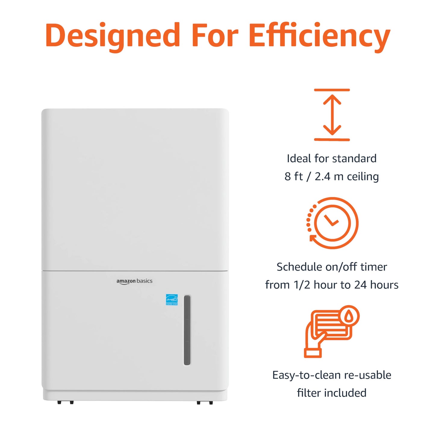 Amazon Basics 50-Pint Large Dehumidifier with Pump, Energy Star Certified, Humidity Control, Auto-Defrost, Timer, Overflow Protection for Rooms up to 4000 SFT, White