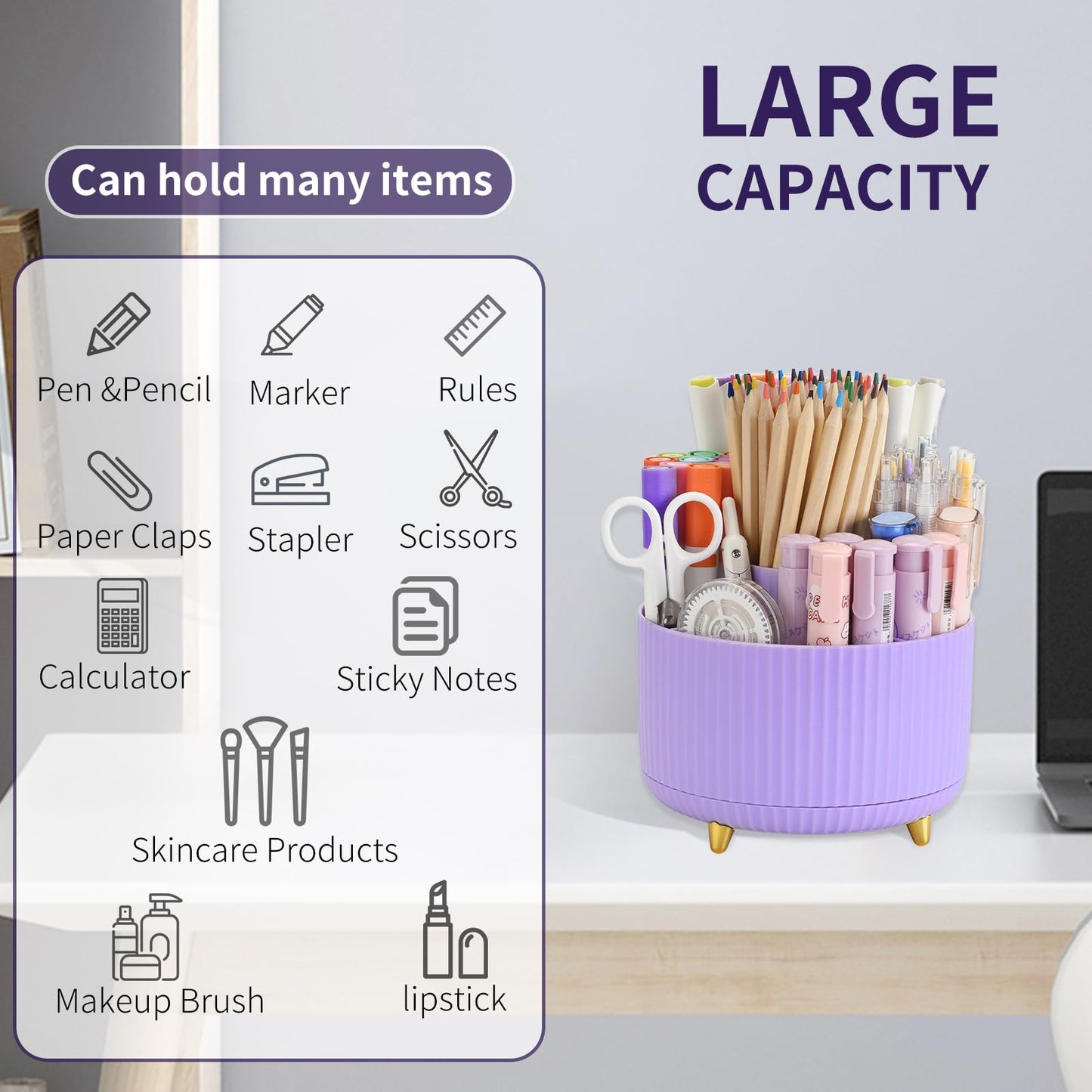Camelmother Pen Holder For Desk With 5 Slots 360°Rotating Pencil Holder Makeup Organiezr Teacher Supplies Office decor (purple)