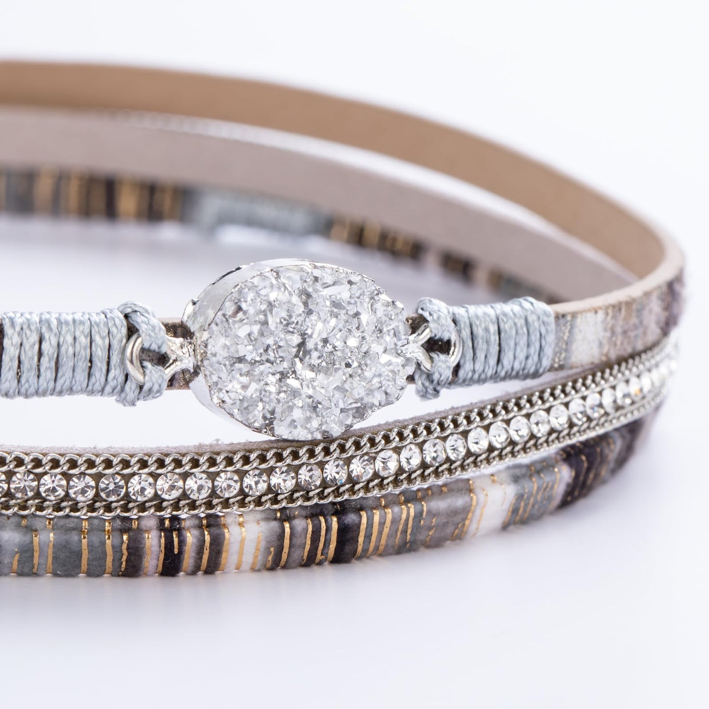 FANCY SHINY Boho Leather Wrap Bracelet Stackable Chunky Crystal Cuff Bracelets with Magnetic Clasp Cowboy Cowgirl Western Summer Beach Outfits Jewelry Gifts for Women (14.7", Boho Silver)