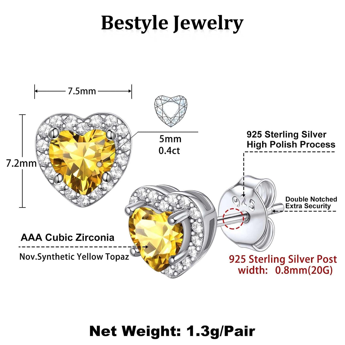 Bestyle Classic S925 Sterling Silver Love Heart Earrings, Dainty November Critine Crystals Birthstone Studs, Anniversary/Mother’s Day/Birthday Jewelry Gifts for Women Mom/Wife/Sister/Best Friend