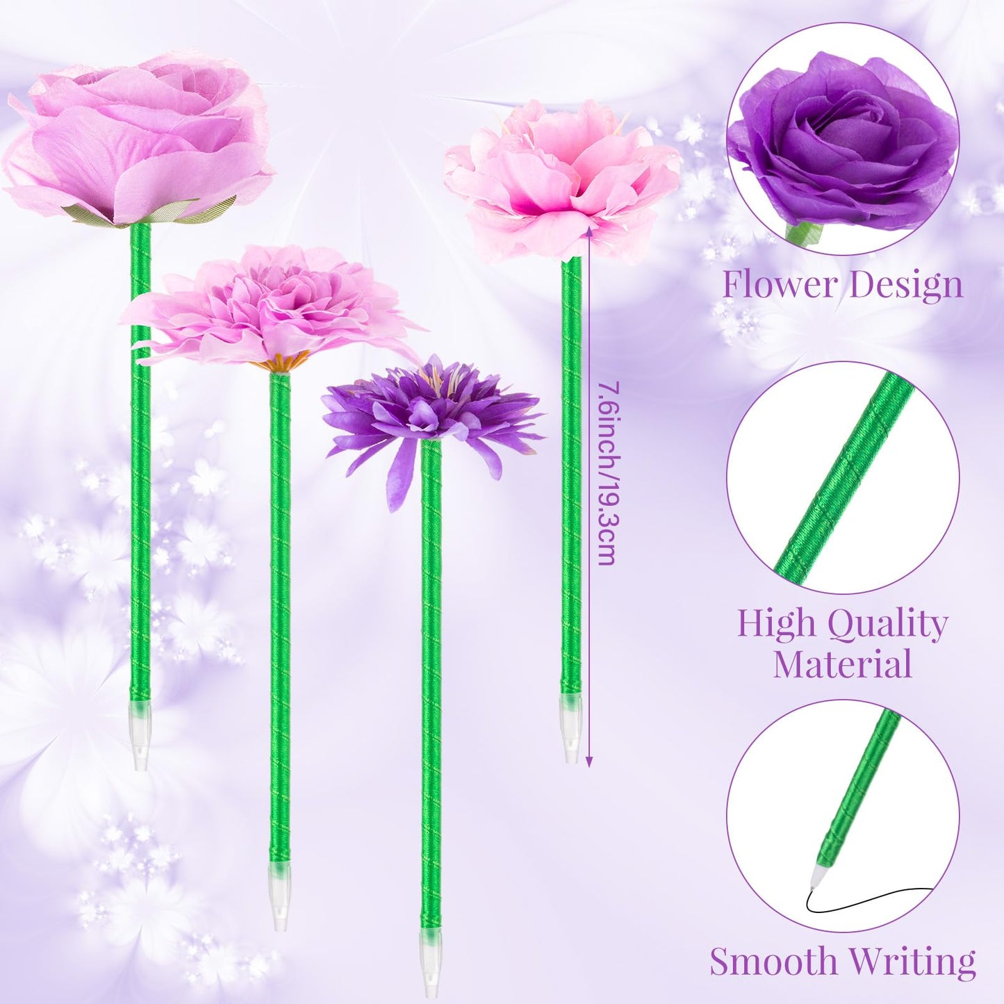 FunooFuno 20 Pcs Flower Pens - Artificial Floral Ballpoint Pen Set Black Ink Writing Pen for Teacher Back to School Party Supplies Wedding Mothers Day Christmas Party Favors & Home Decor(Purple)