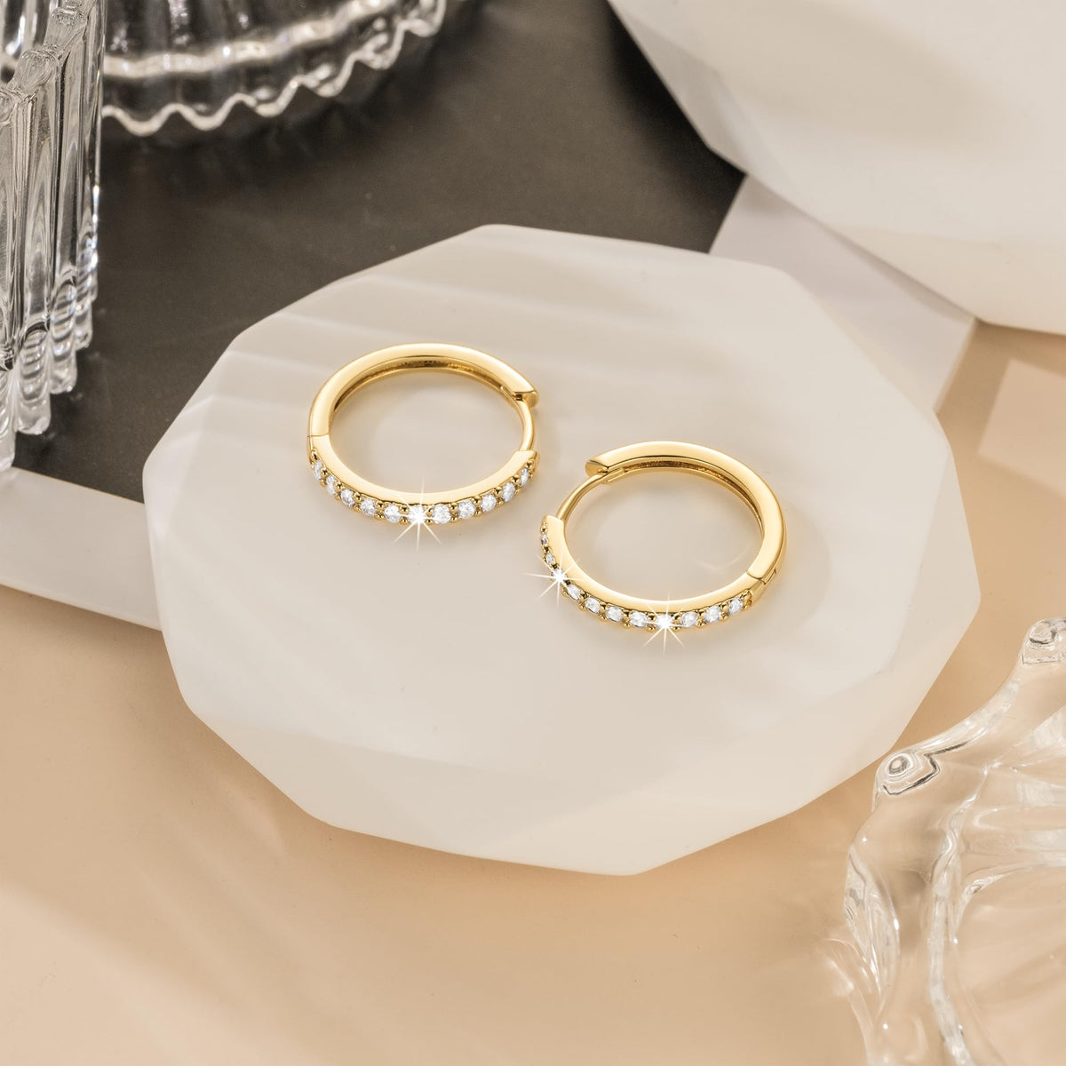NEARLAND 14K Gold Hoop Earrings for Women 14K Gold Earrings for Women Small Gold Hoop Earring for Womens with Round Cubic Zirconia Lightweight Huggie Hoops Earring for Womens 12/14/16/20/25/30mm