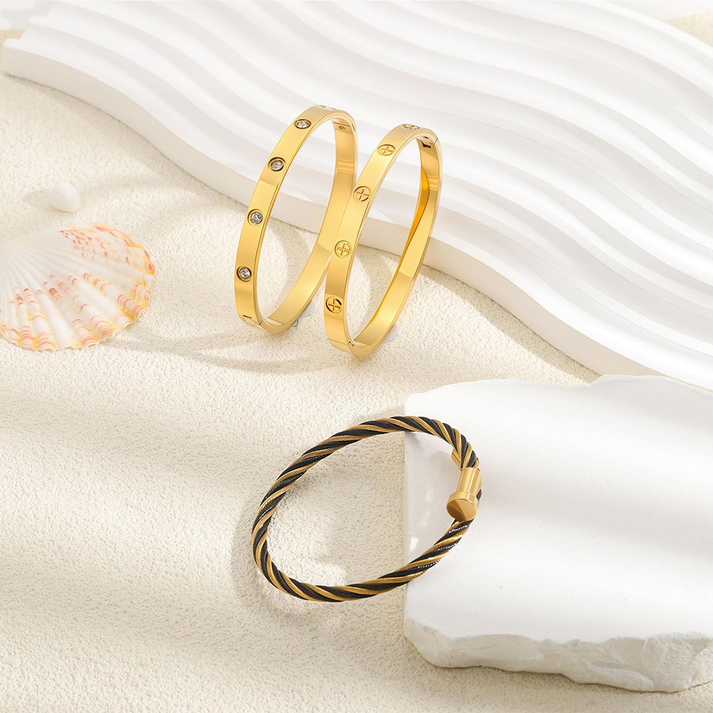 Camhanno Gold Bracelets for Women - Stackable Bangles with Friendship & Love Theme - Stainless Steel Jewelry Gift for Her (Style 11)